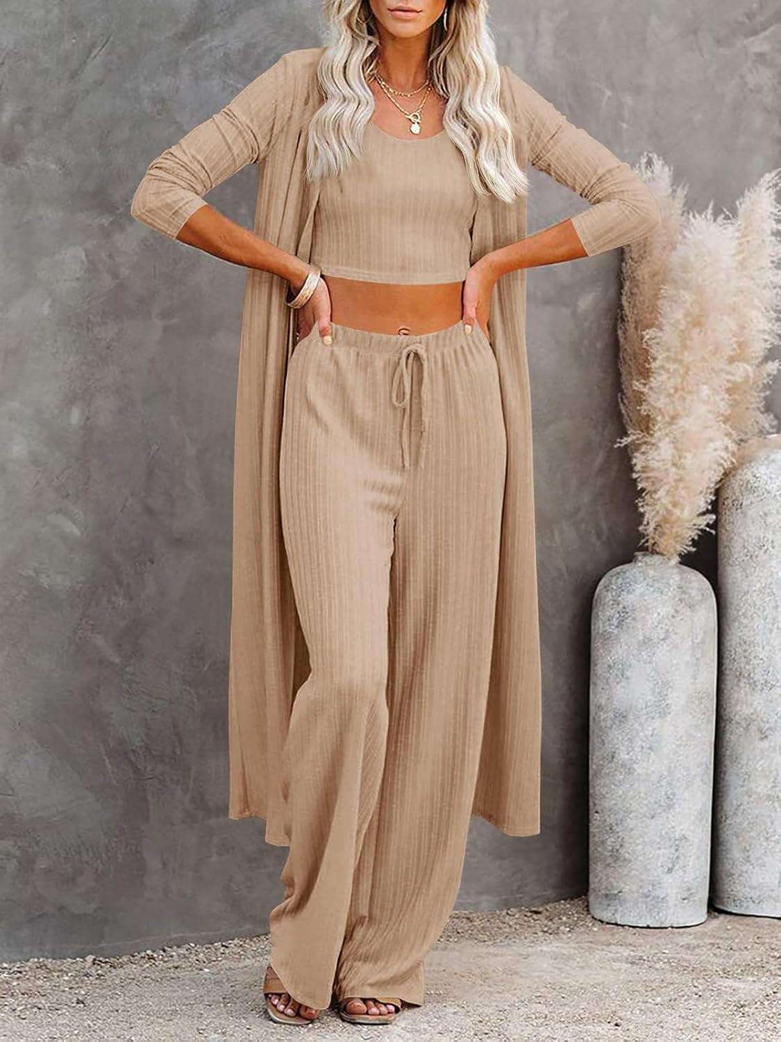 Womens 3 Piece Lounge Pajamas Sets Travel Outfits Vest Top Wide Leg Pants Long Cardigan Vacation Matching Sets
