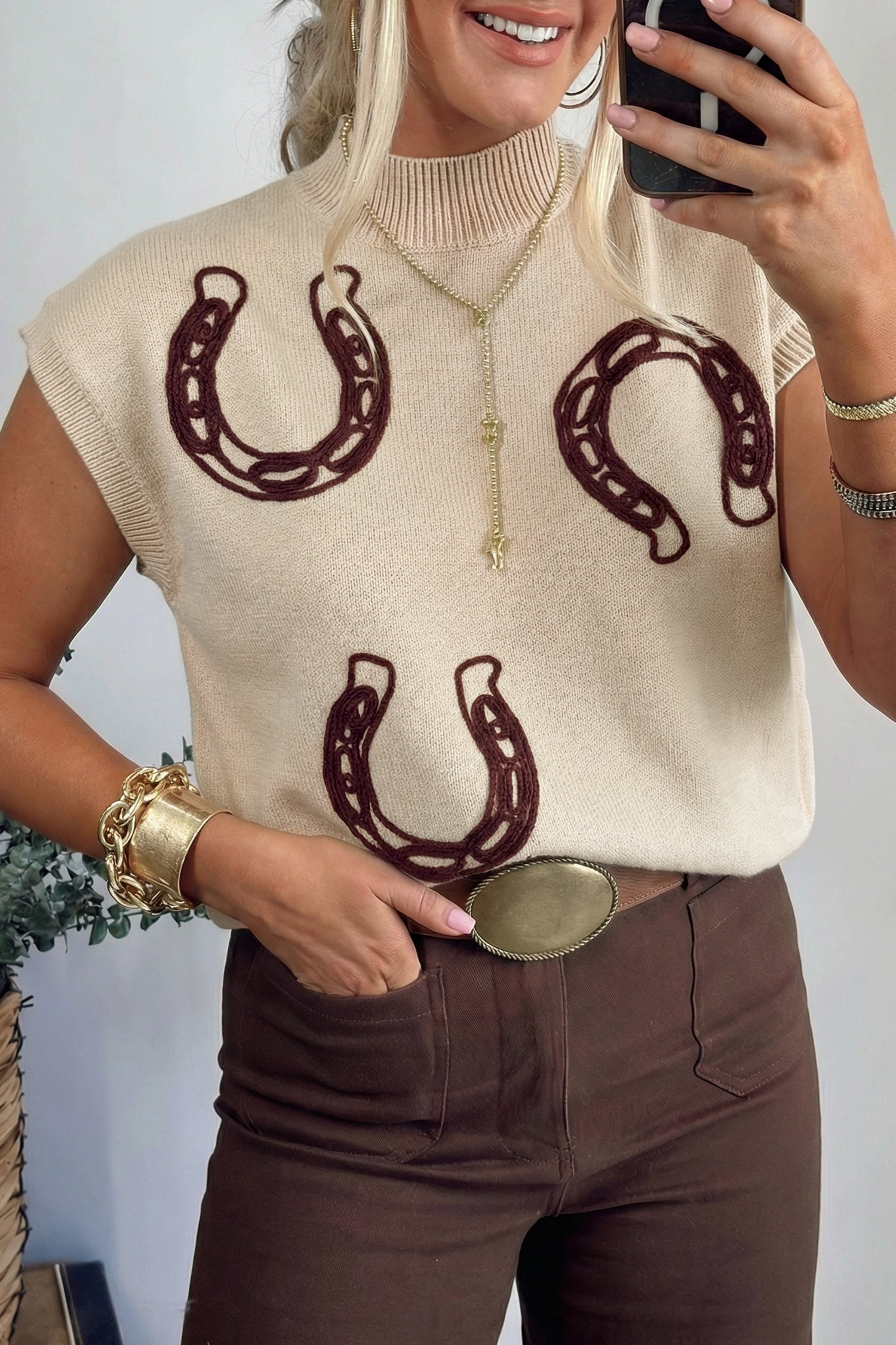 White Corded Horseshoes Ribbed Trim Mock Neck Short Sleeve Sweater