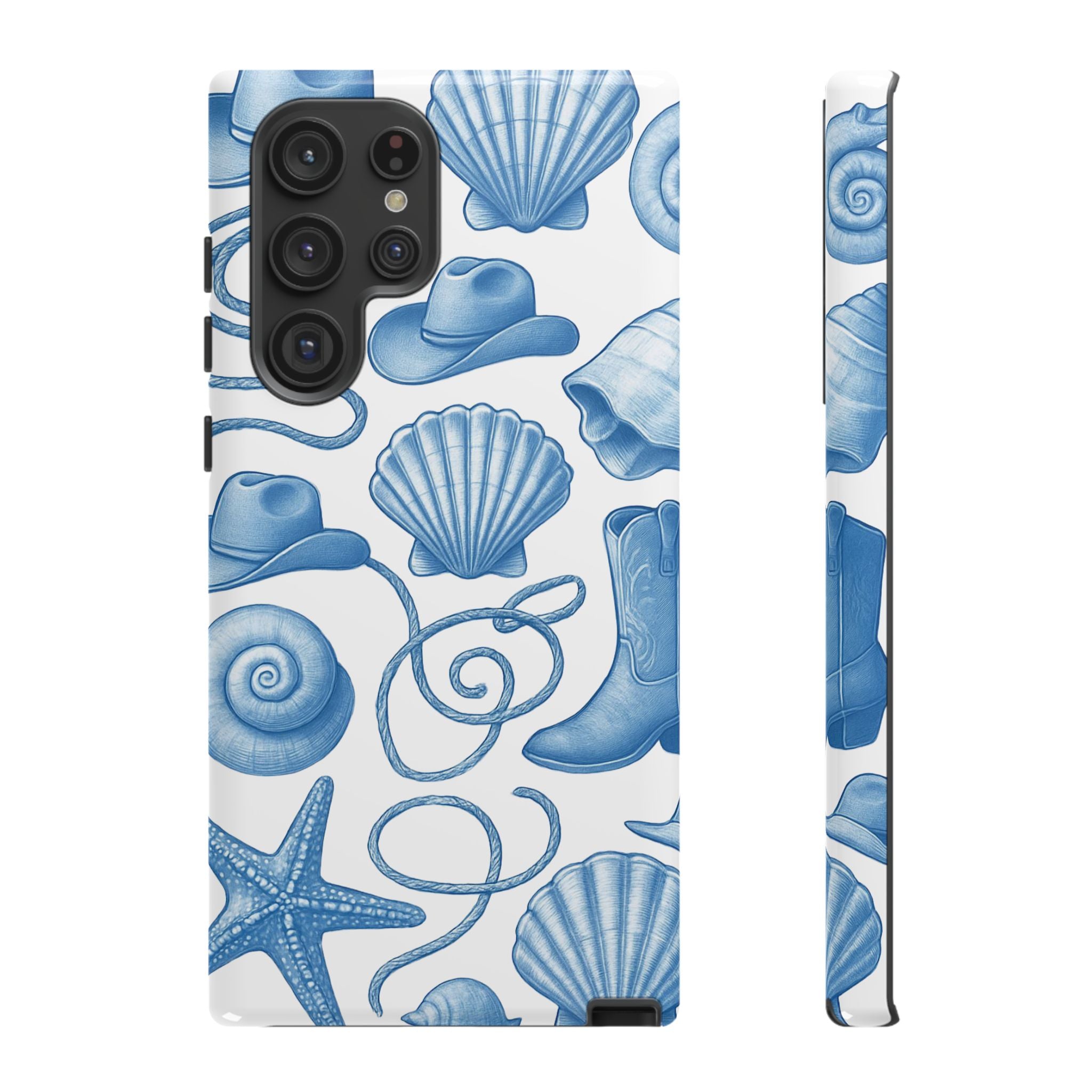 Blue Coastal Cowgirl Phone Case – Seashells, Boots & Beach Vibes