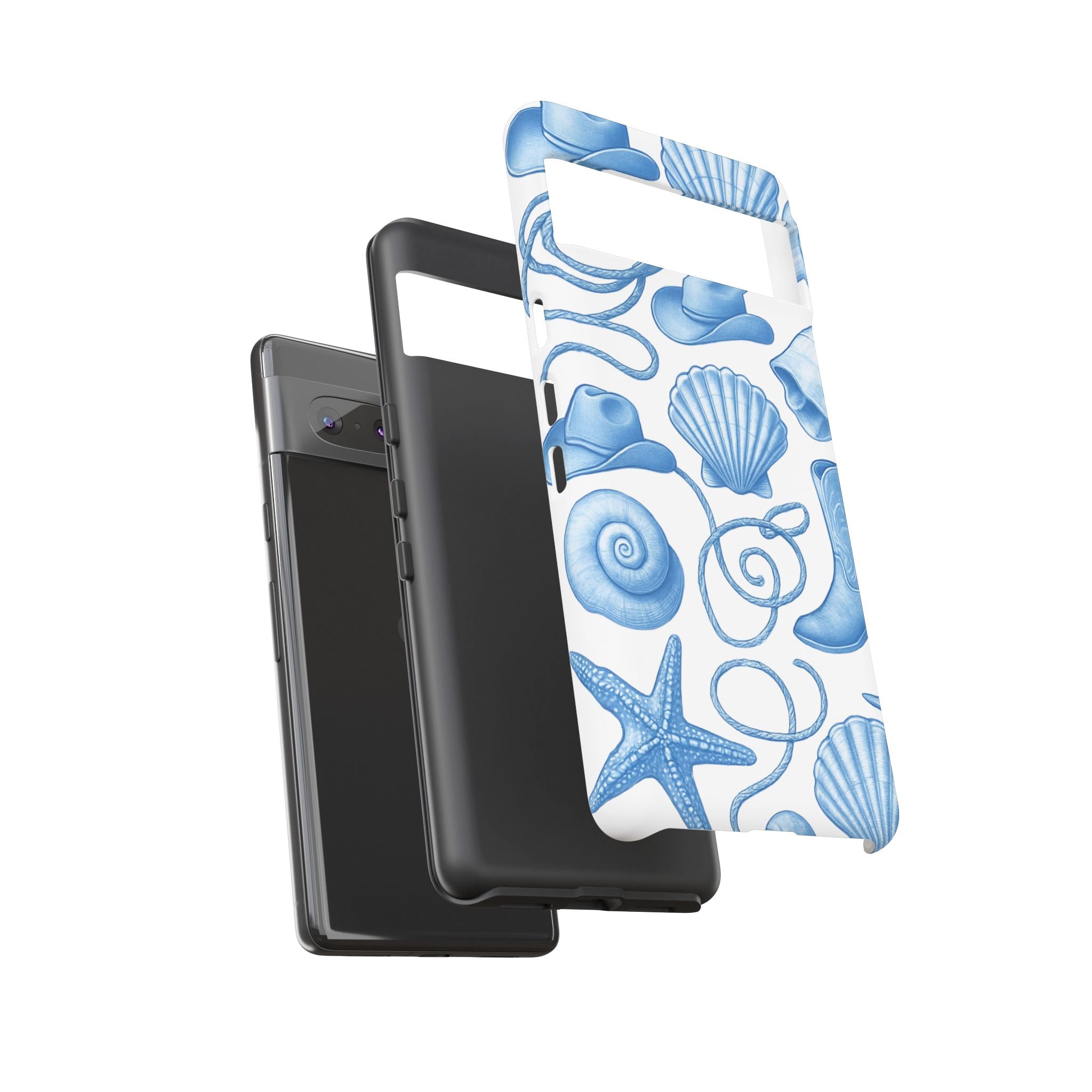 Blue Coastal Cowgirl Phone Case – Seashells, Boots & Beach Vibes