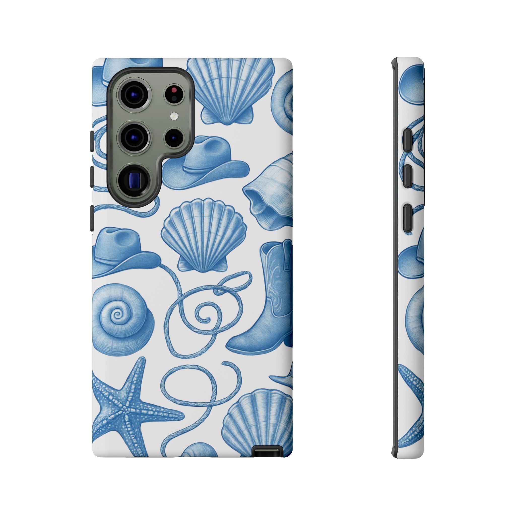 Blue Coastal Cowgirl Phone Case – Seashells, Boots & Beach Vibes