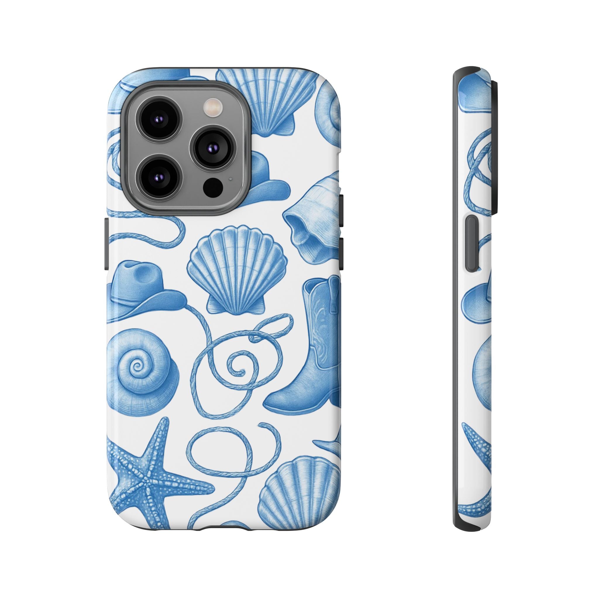 Blue Coastal Cowgirl Phone Case – Seashells, Boots & Beach Vibes