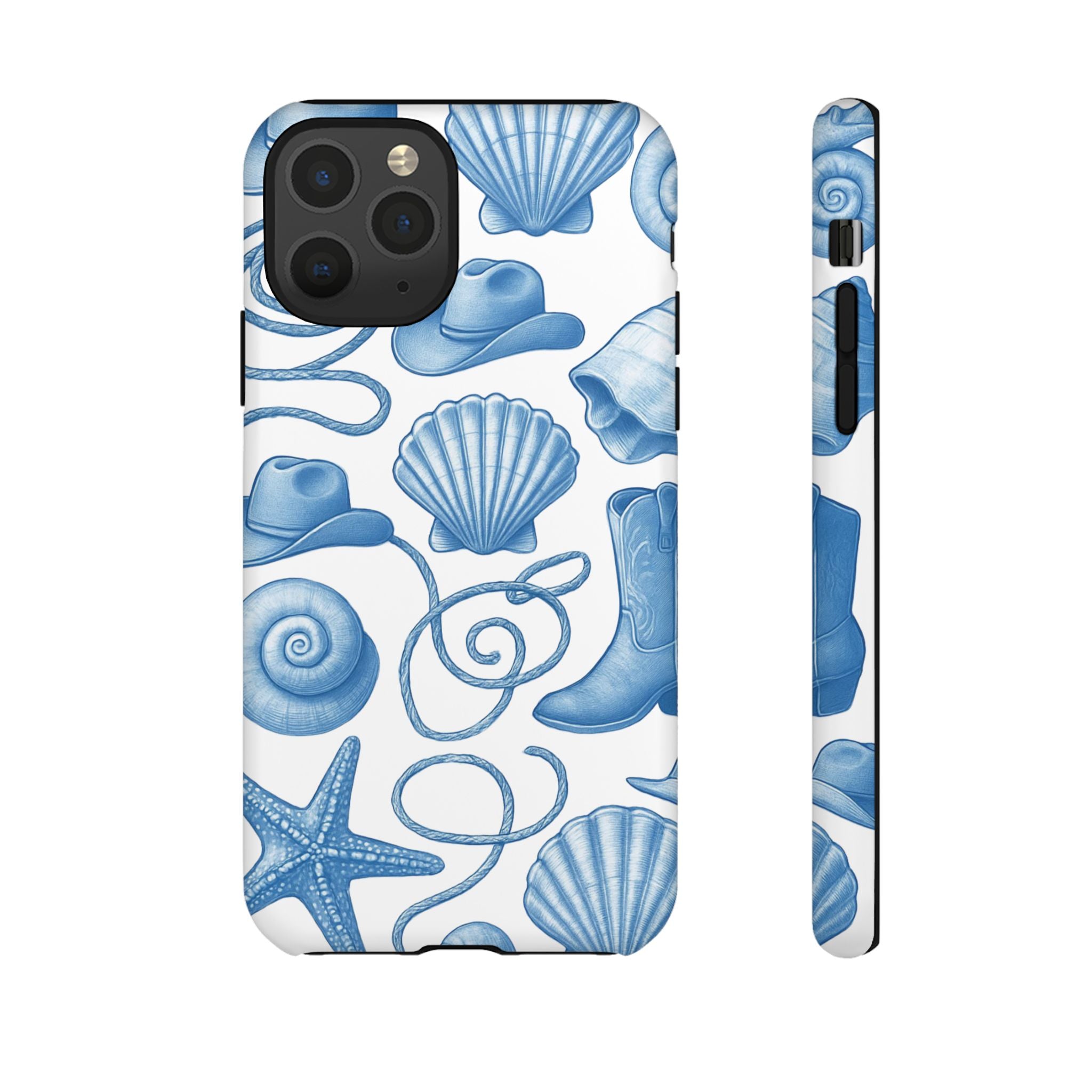 Blue Coastal Cowgirl Phone Case – Seashells, Boots & Beach Vibes