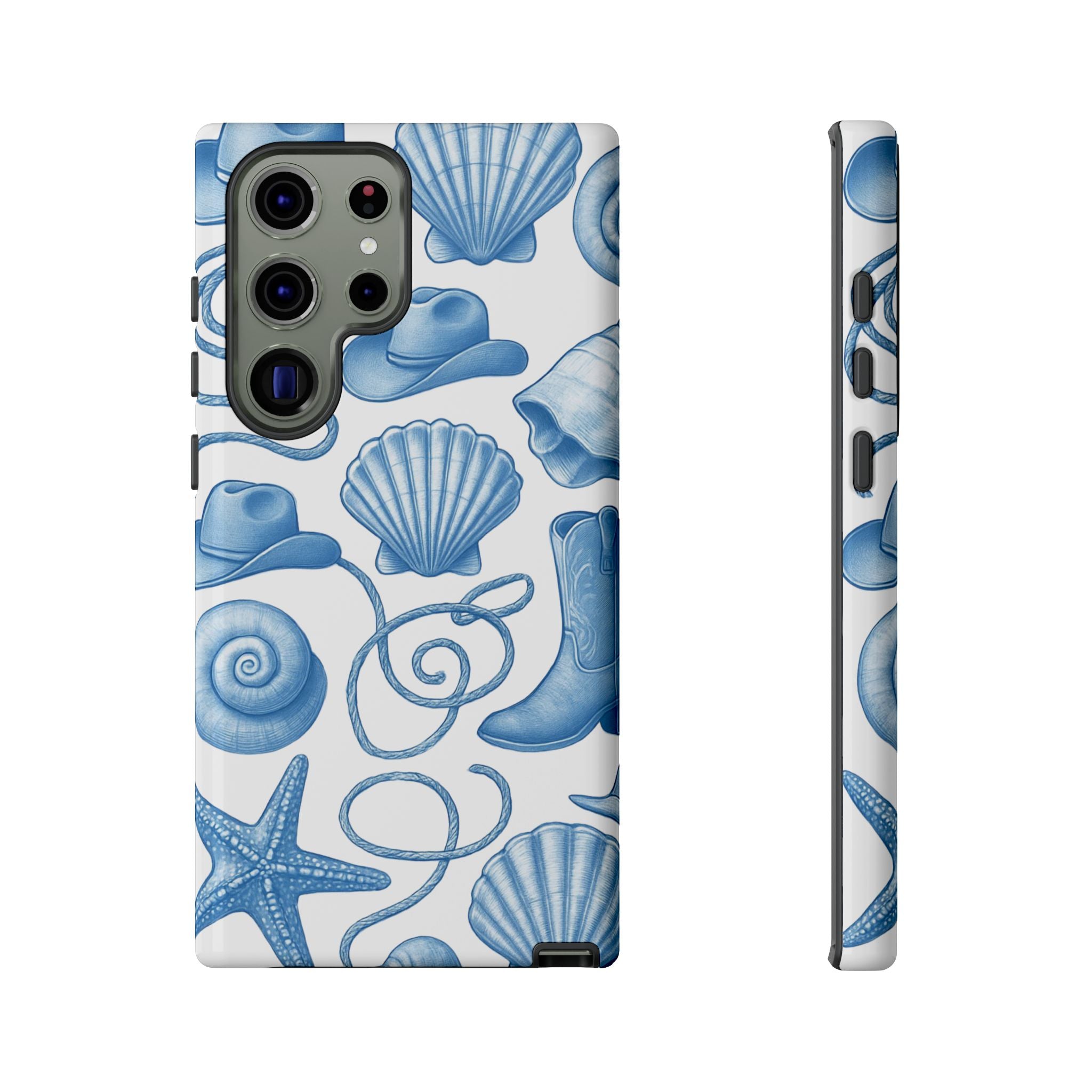 Blue Coastal Cowgirl Phone Case – Seashells, Boots & Beach Vibes