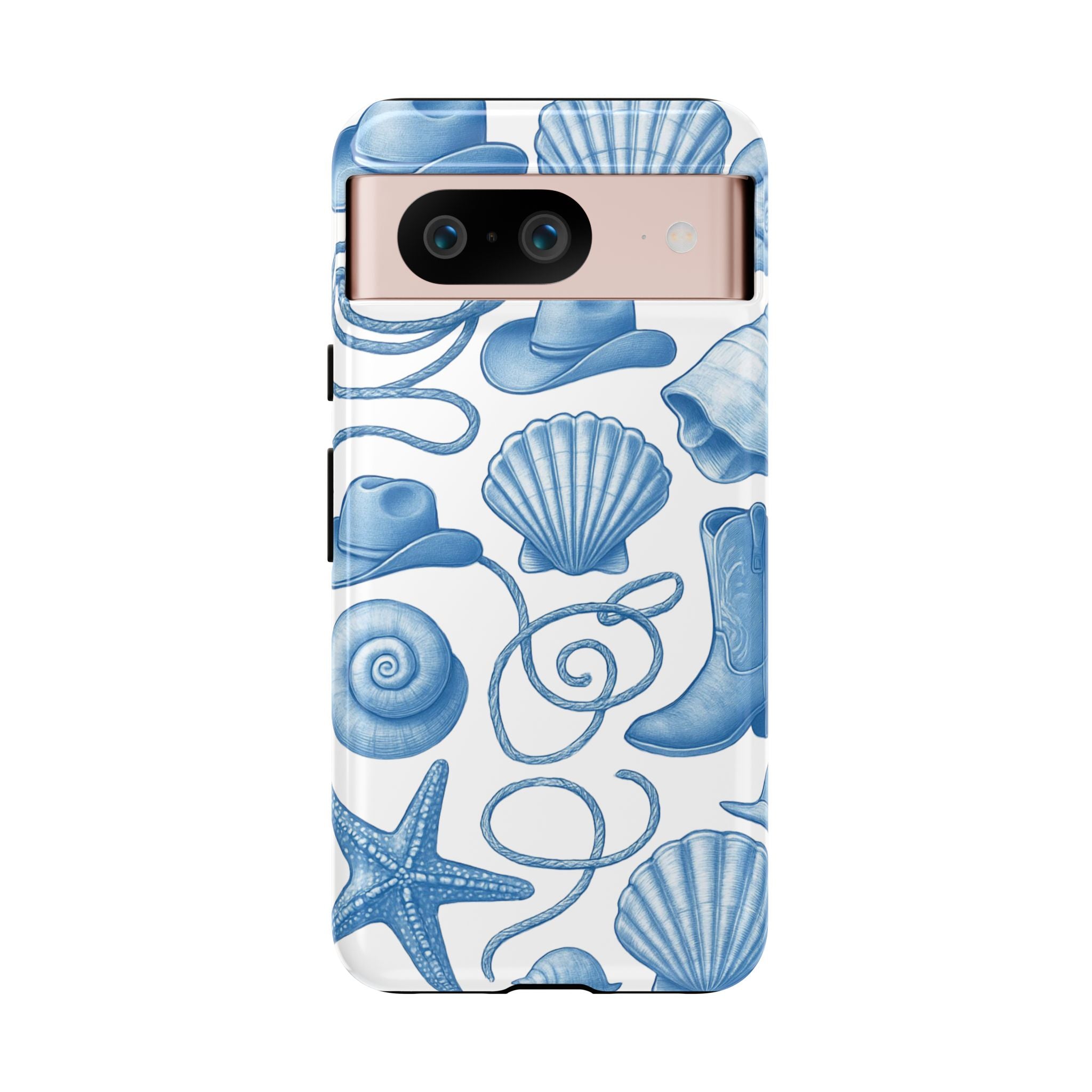 Blue Coastal Cowgirl Phone Case – Seashells, Boots & Beach Vibes