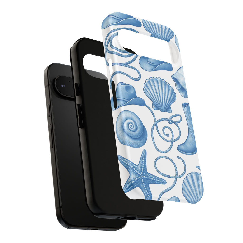 Blue Coastal Cowgirl Phone Case – Seashells, Boots & Beach Vibes