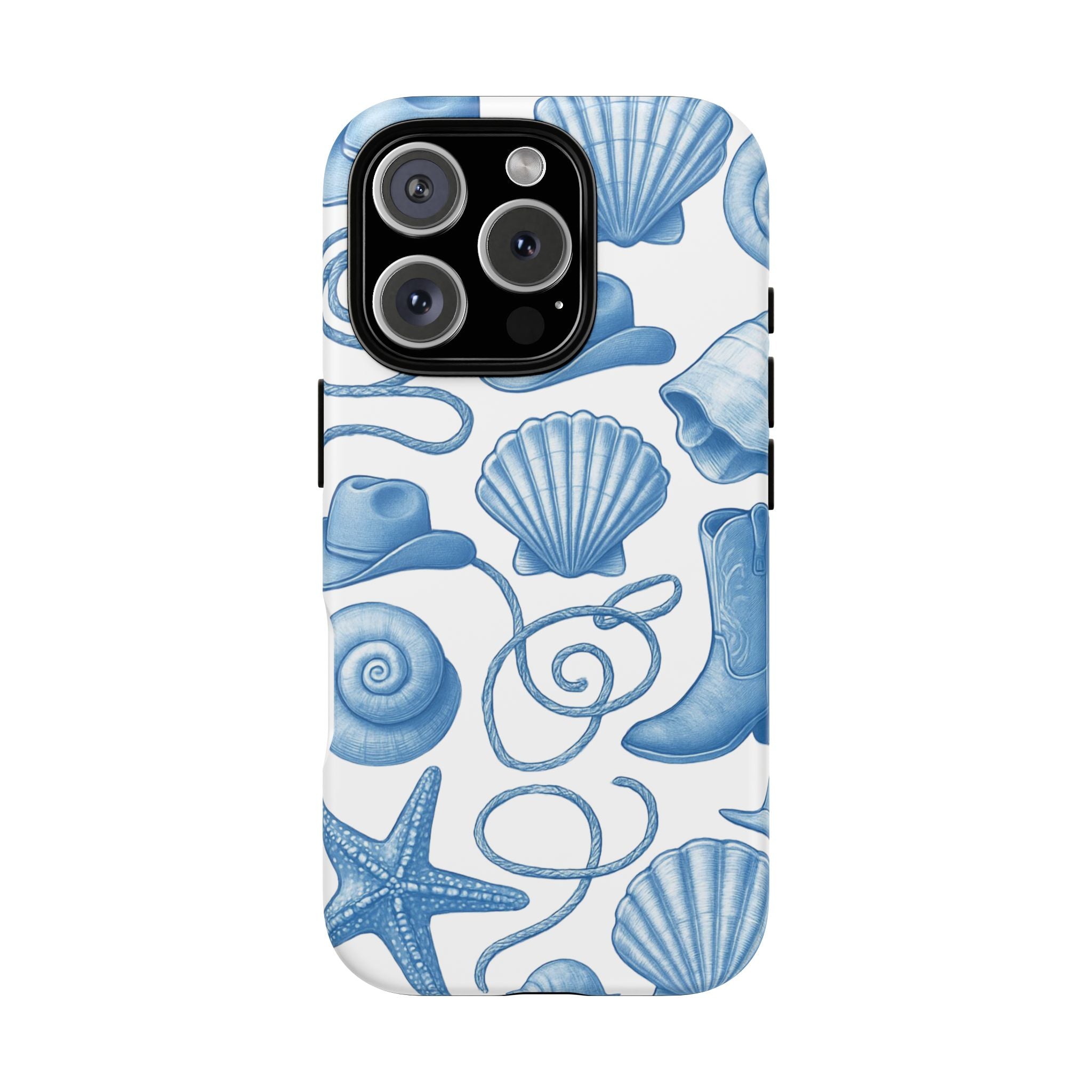 Blue Coastal Cowgirl Phone Case – Seashells, Boots & Beach Vibes