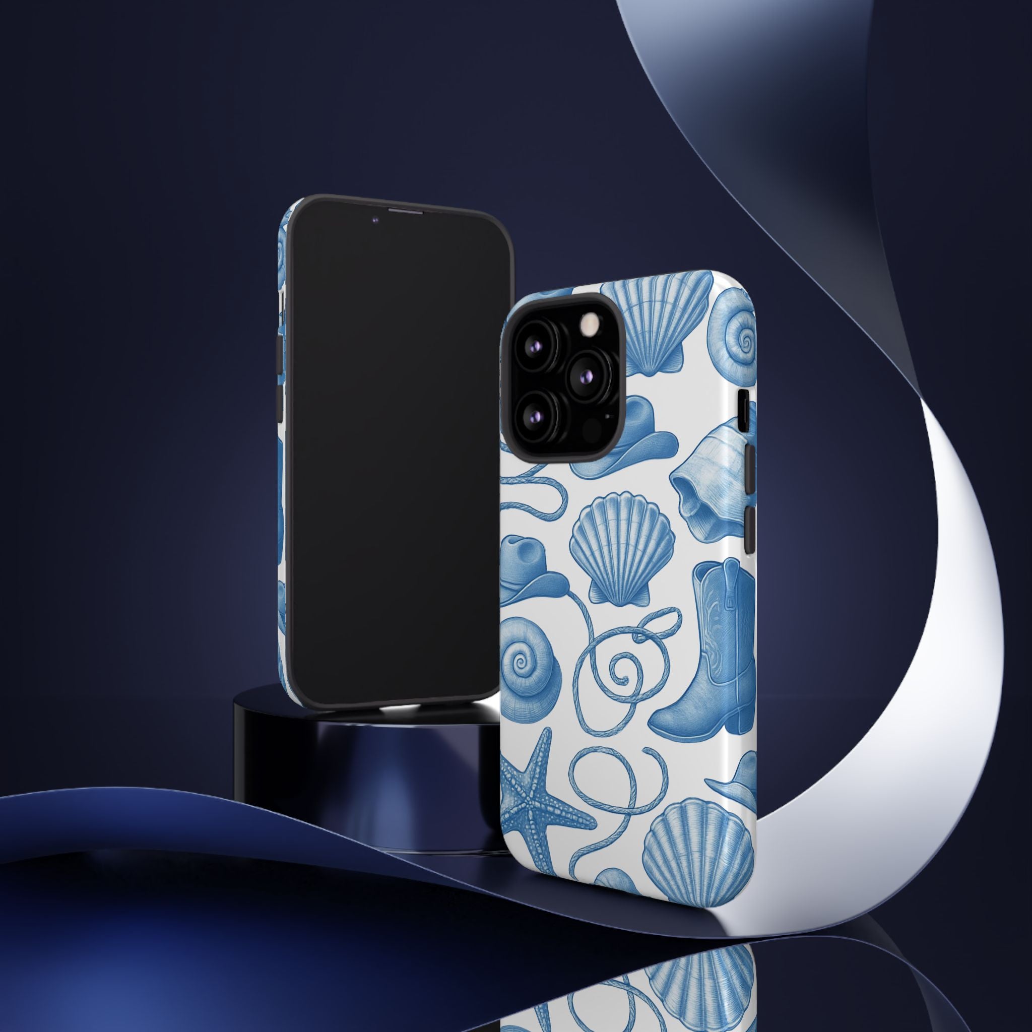 Blue Coastal Cowgirl Phone Case – Seashells, Boots & Beach Vibes