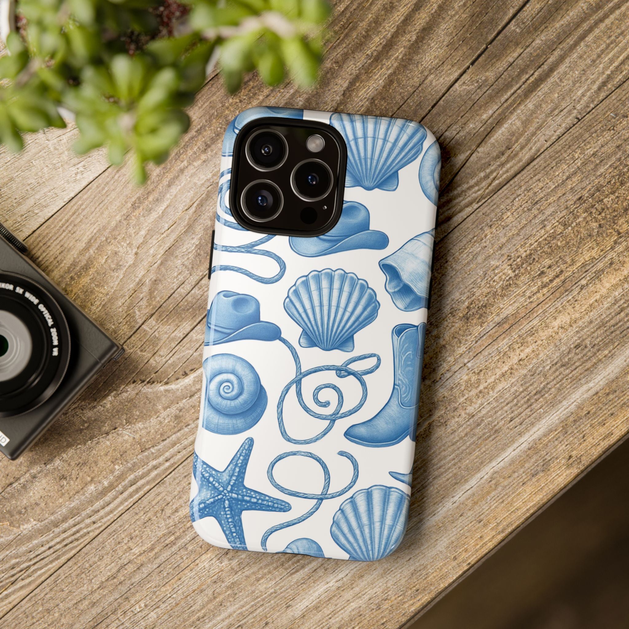 Blue Coastal Cowgirl Phone Case – Seashells, Boots & Beach Vibes