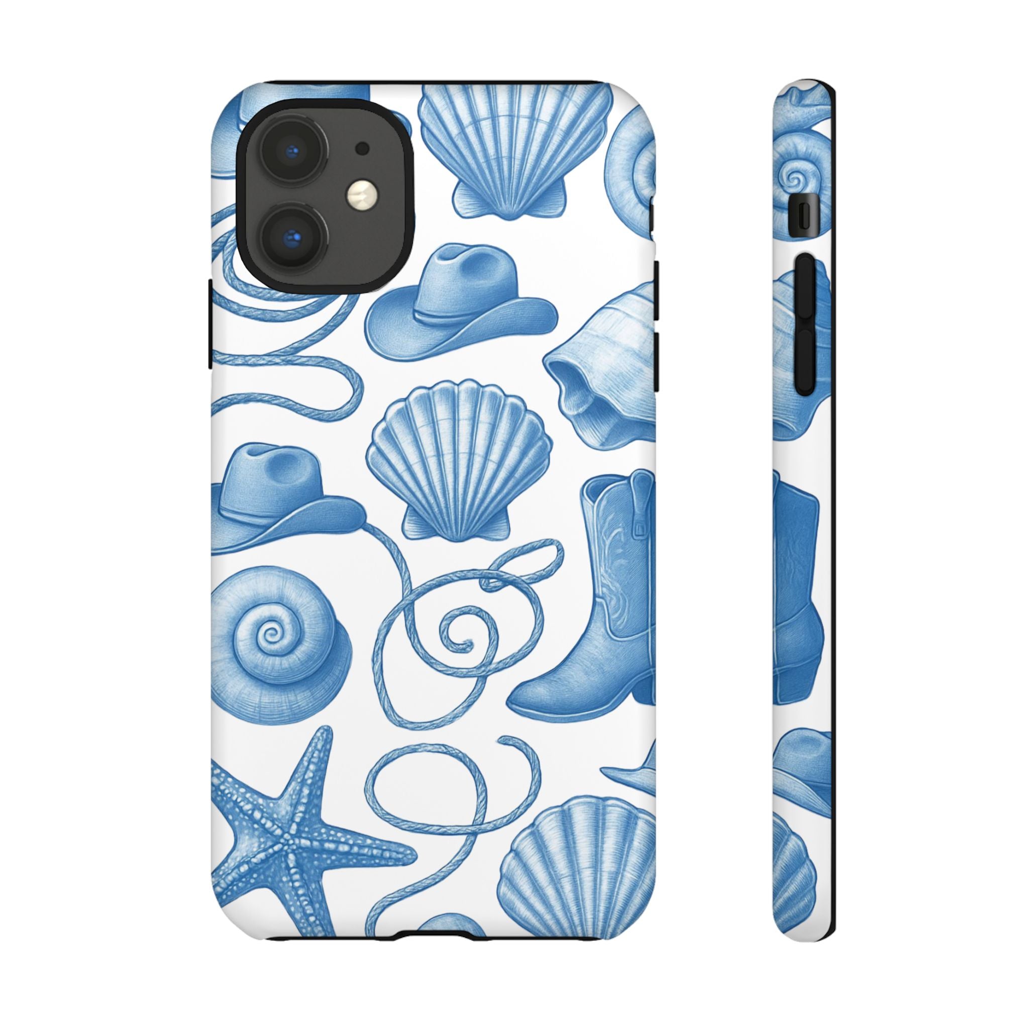 Blue Coastal Cowgirl Phone Case – Seashells, Boots & Beach Vibes