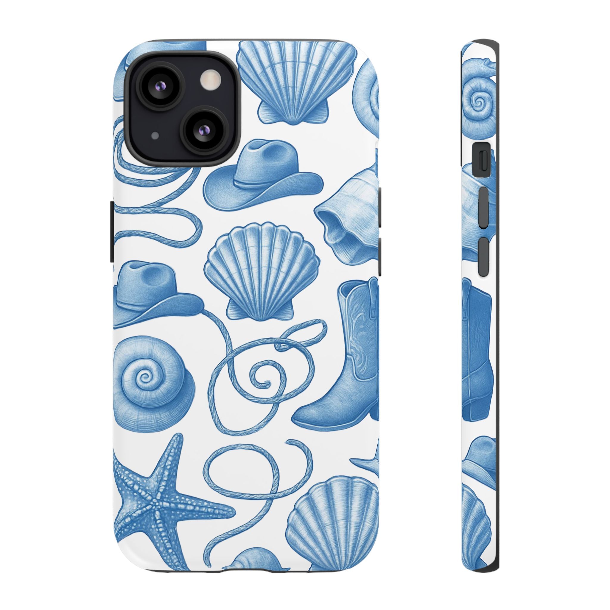 Blue Coastal Cowgirl Phone Case – Seashells, Boots & Beach Vibes