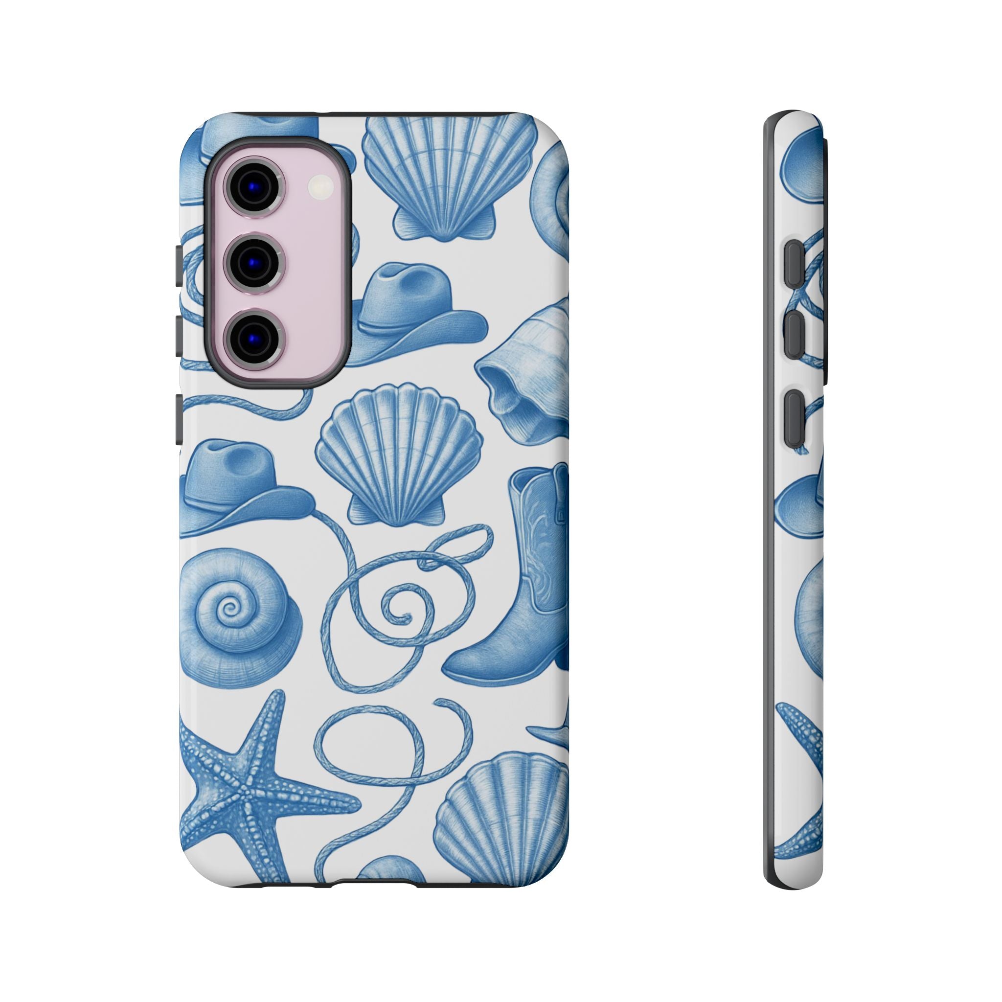Blue Coastal Cowgirl Phone Case – Seashells, Boots & Beach Vibes
