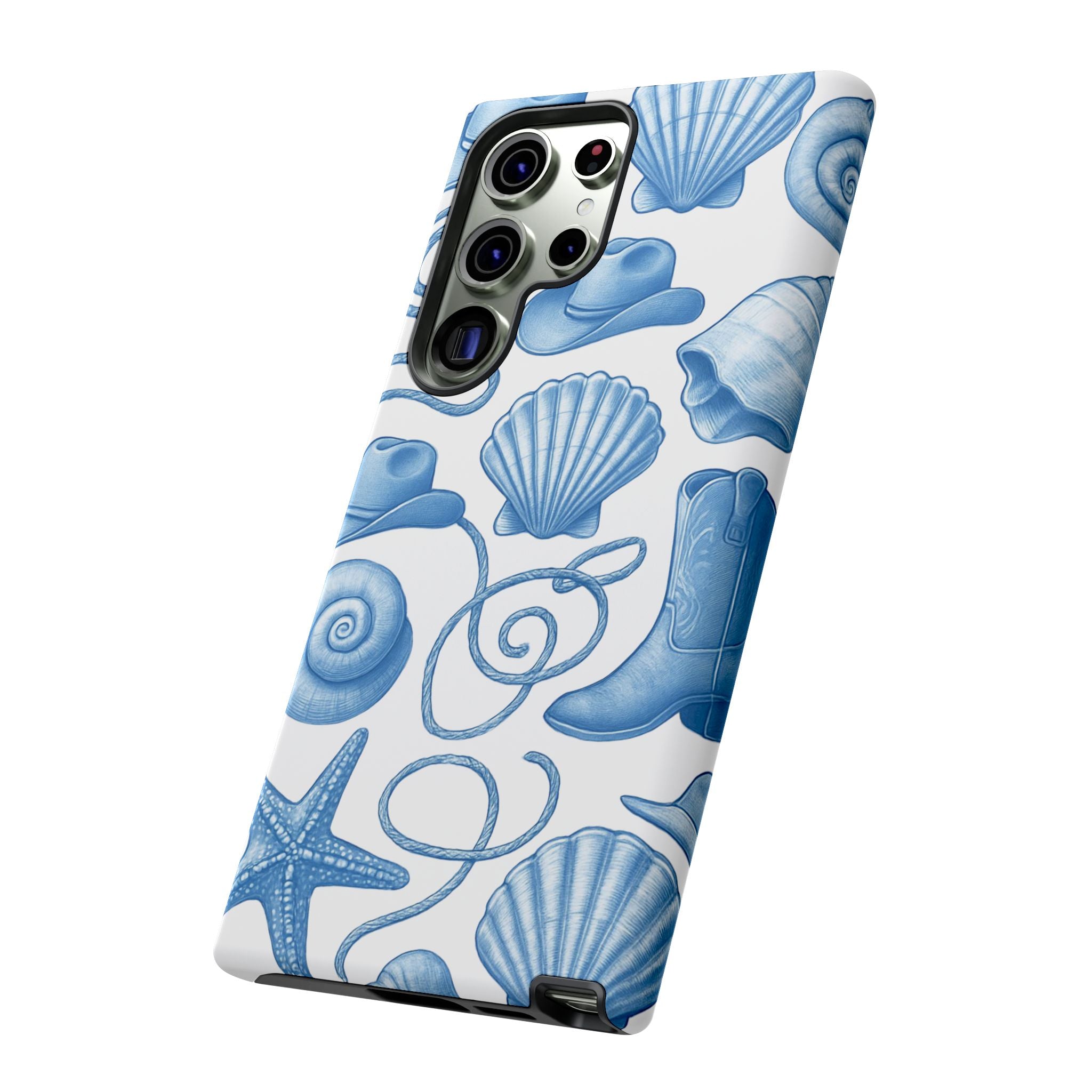 Blue Coastal Cowgirl Phone Case – Seashells, Boots & Beach Vibes