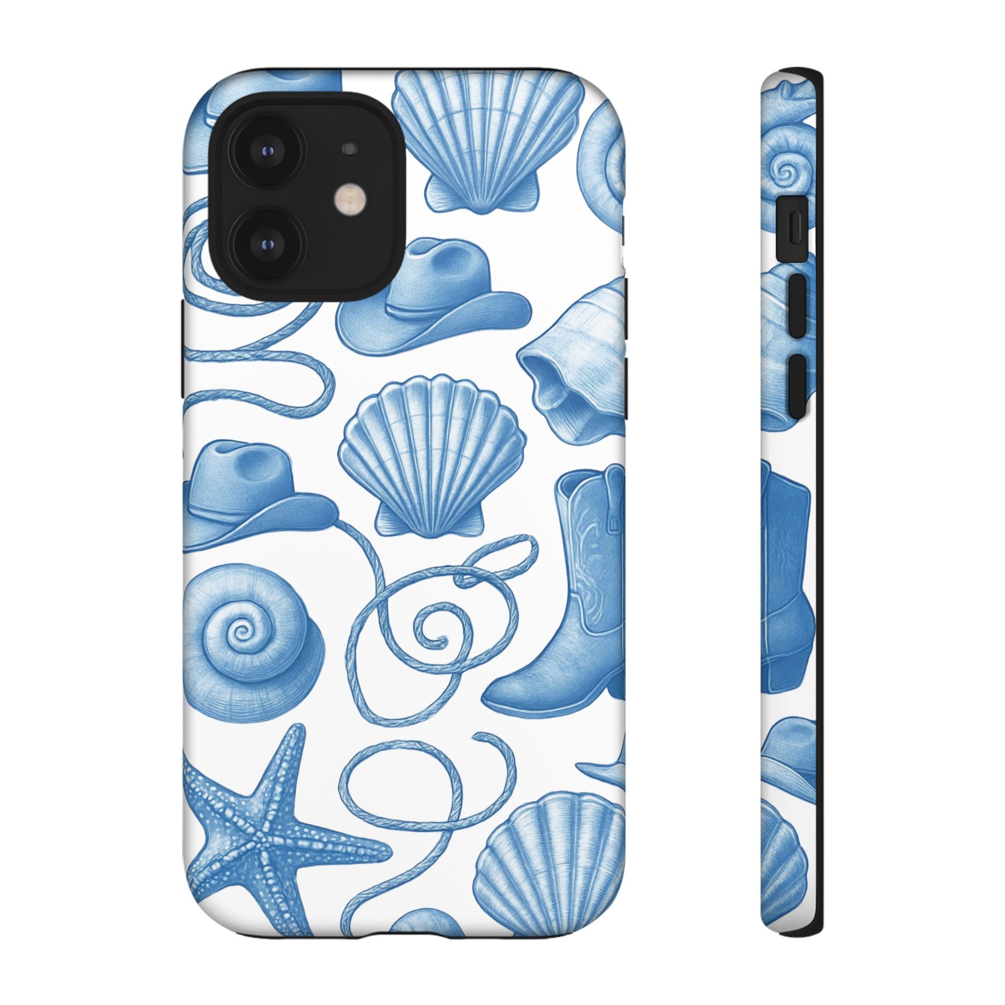 Blue Coastal Cowgirl Phone Case – Seashells, Boots & Beach Vibes