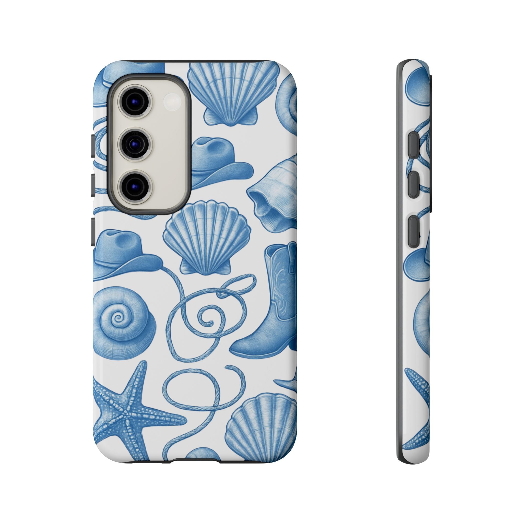 Blue Coastal Cowgirl Phone Case – Seashells, Boots & Beach Vibes