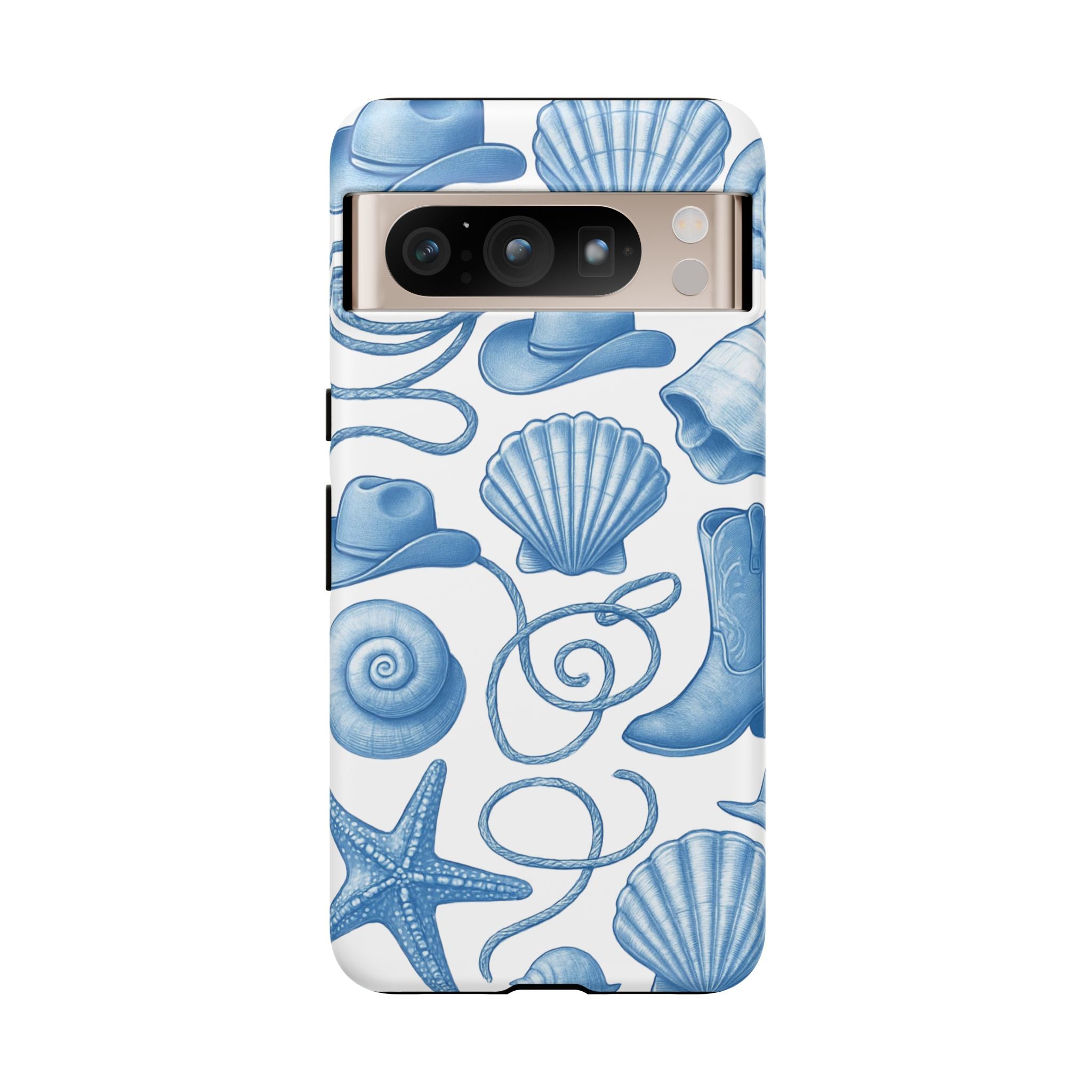 Blue Coastal Cowgirl Phone Case – Seashells, Boots & Beach Vibes