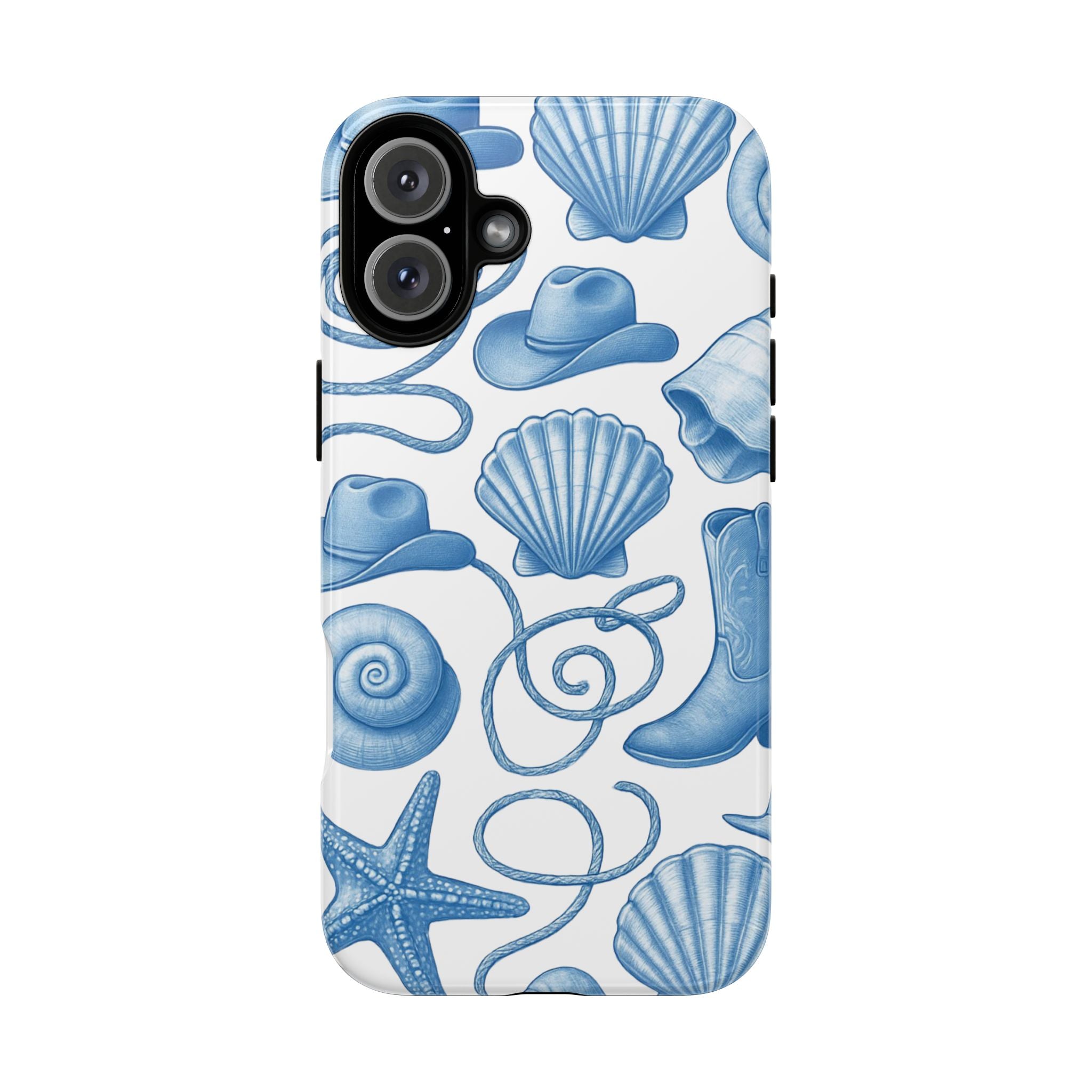 Blue Coastal Cowgirl Phone Case – Seashells, Boots & Beach Vibes