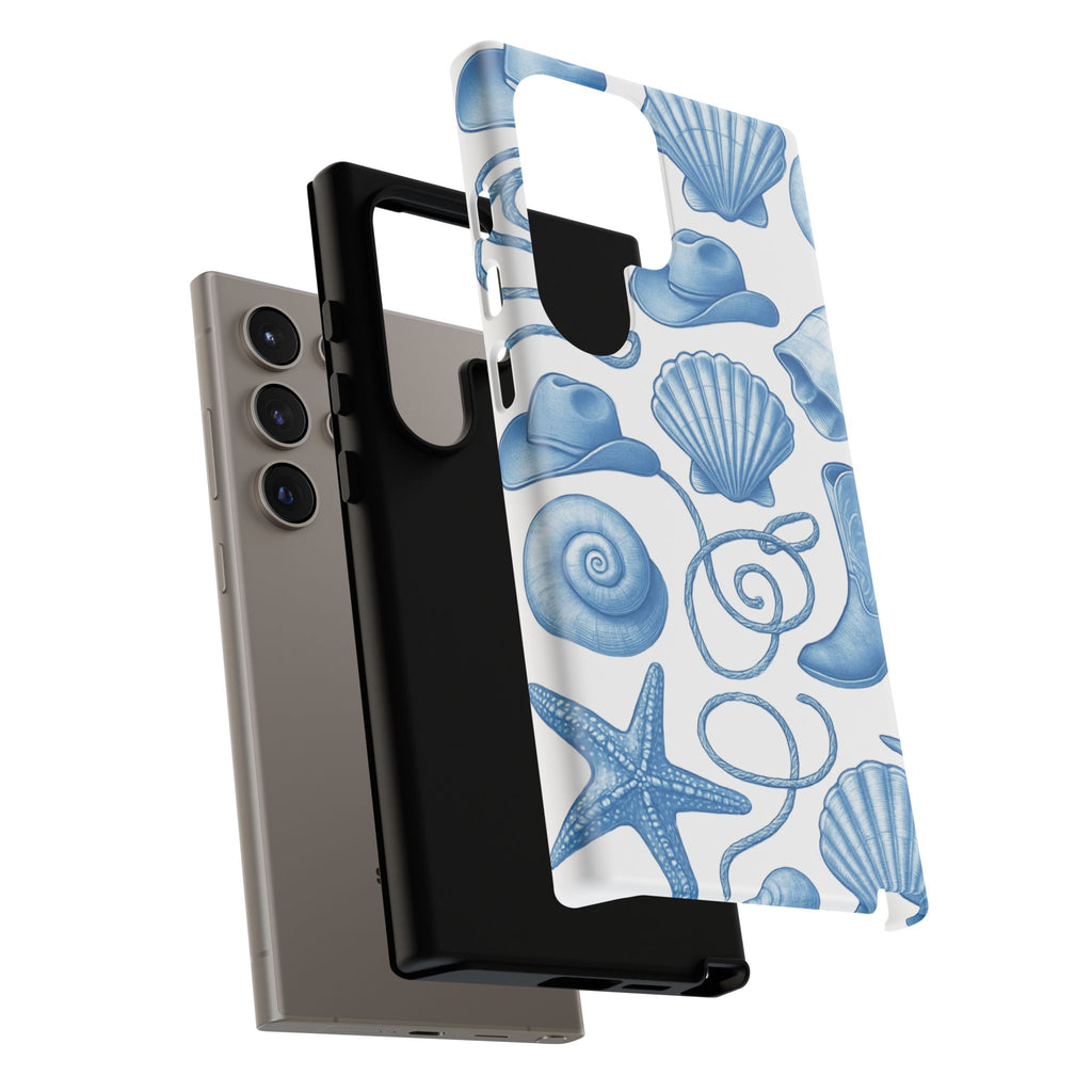 Blue Coastal Cowgirl Phone Case – Seashells, Boots & Beach Vibes