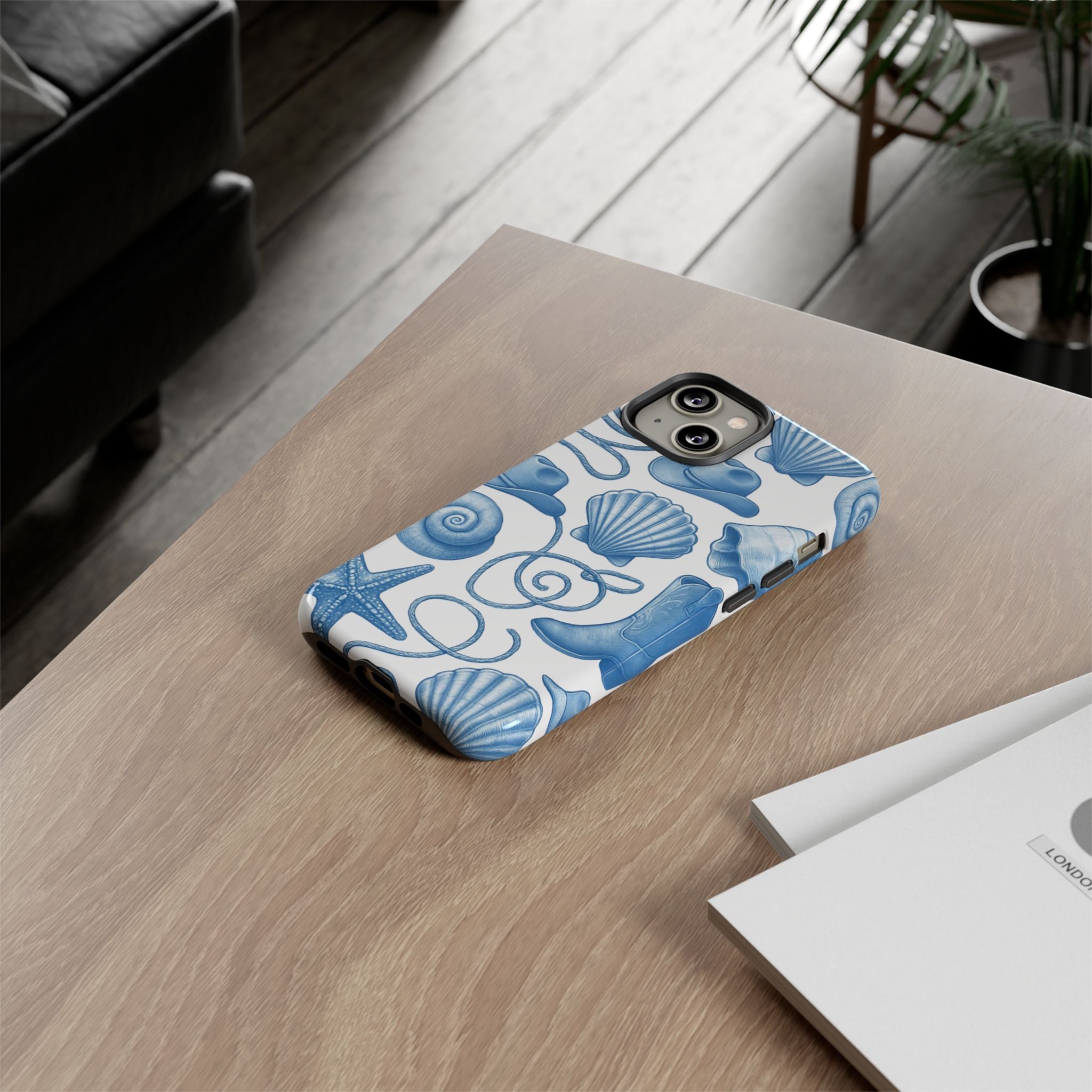 Blue Coastal Cowgirl Phone Case – Seashells, Boots & Beach Vibes