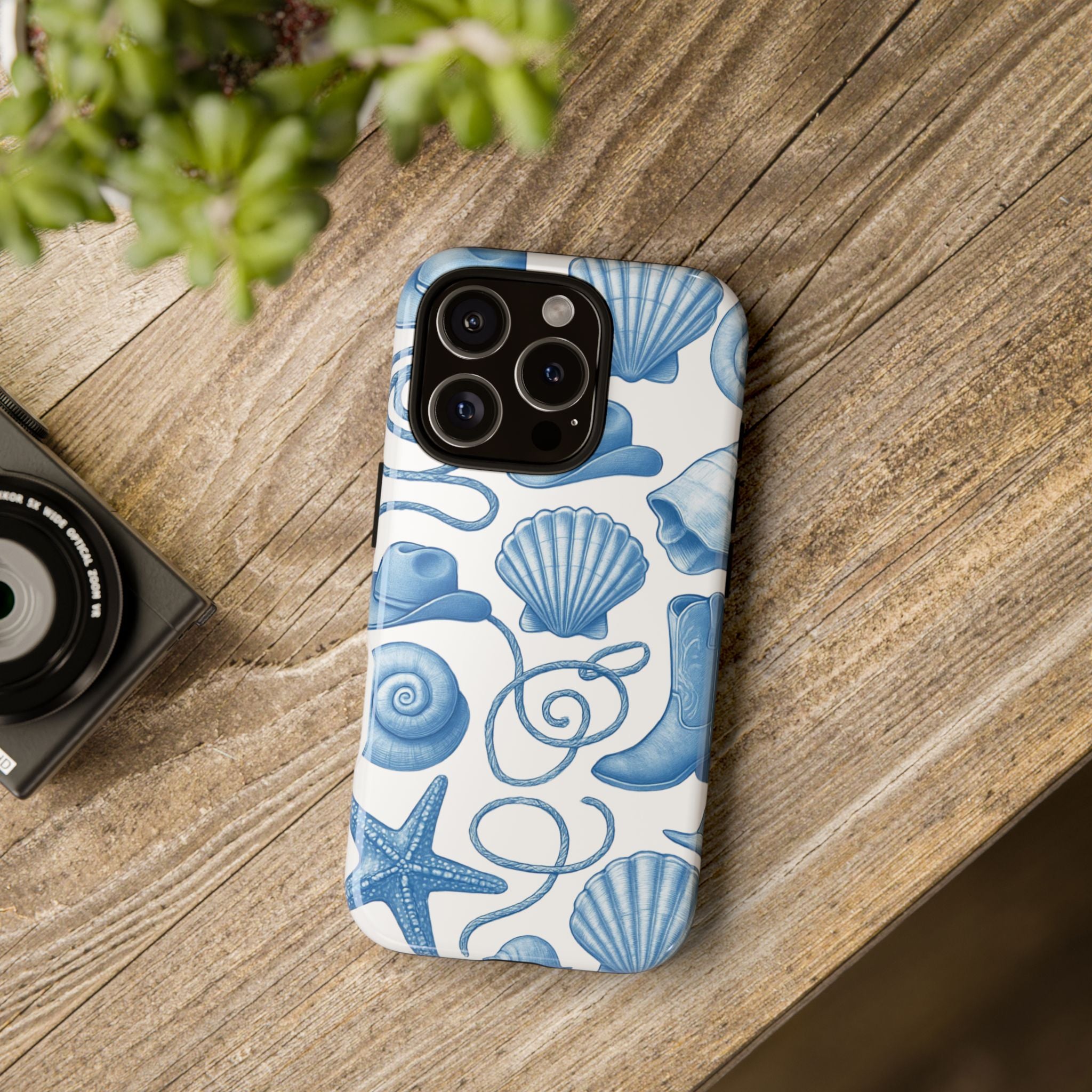 Blue Coastal Cowgirl Phone Case – Seashells, Boots & Beach Vibes