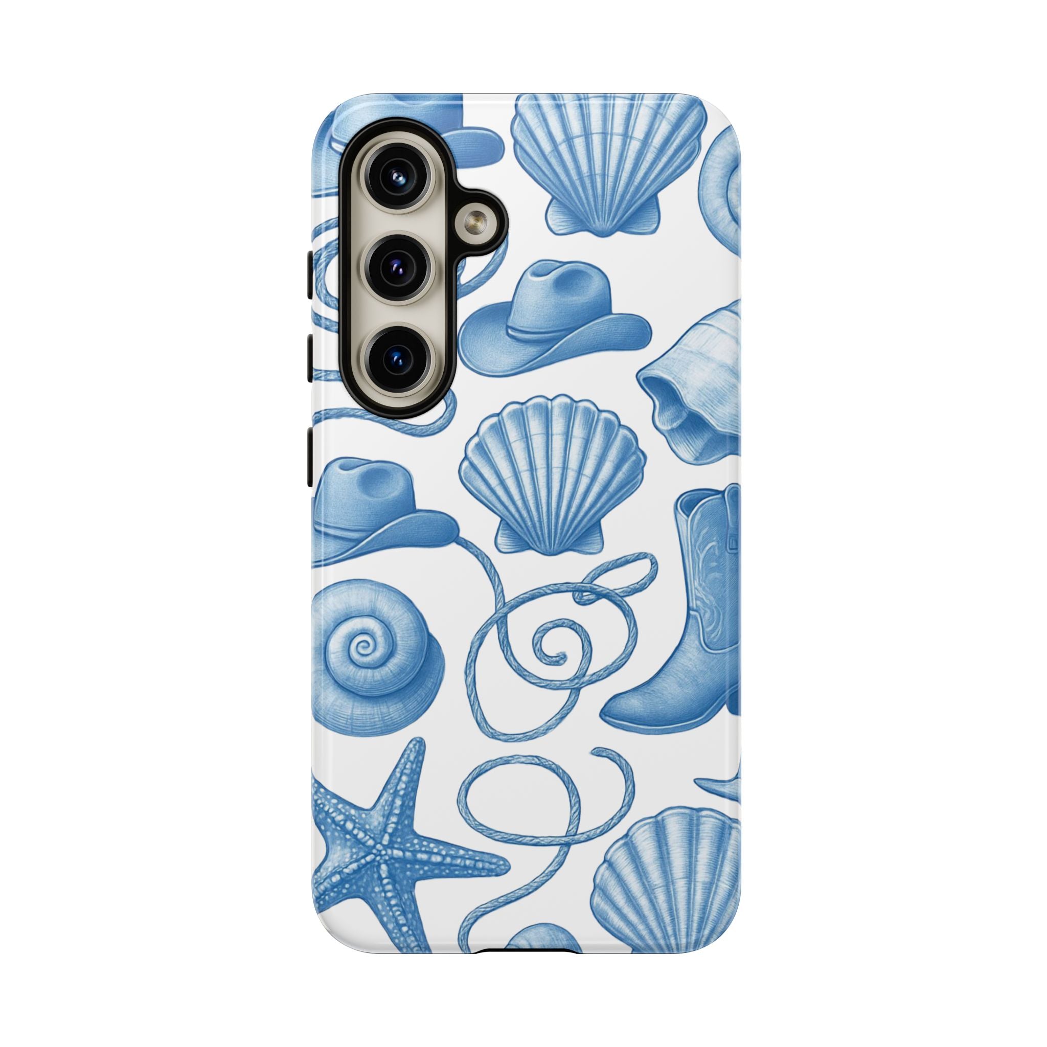 Blue Coastal Cowgirl Phone Case – Seashells, Boots & Beach Vibes