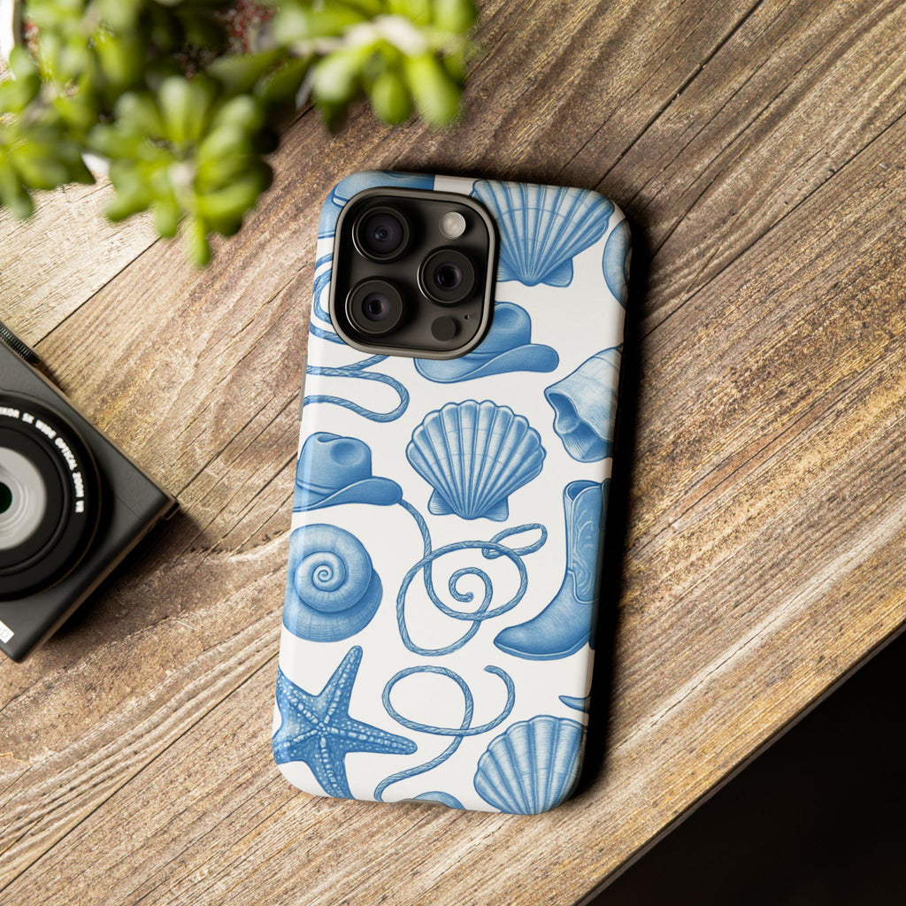 Blue Coastal Cowgirl Phone Case – Seashells, Boots & Beach Vibes