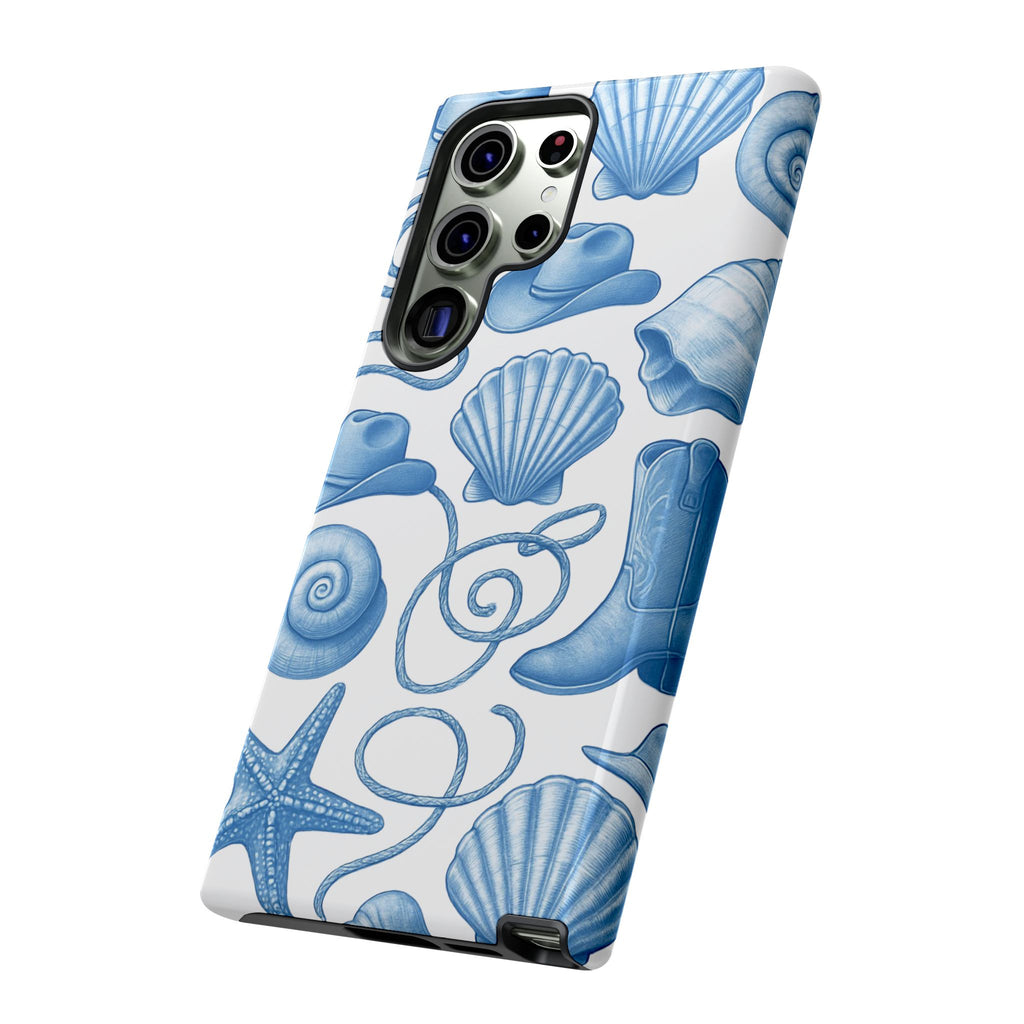 Blue Coastal Cowgirl Phone Case – Seashells, Boots & Beach Vibes