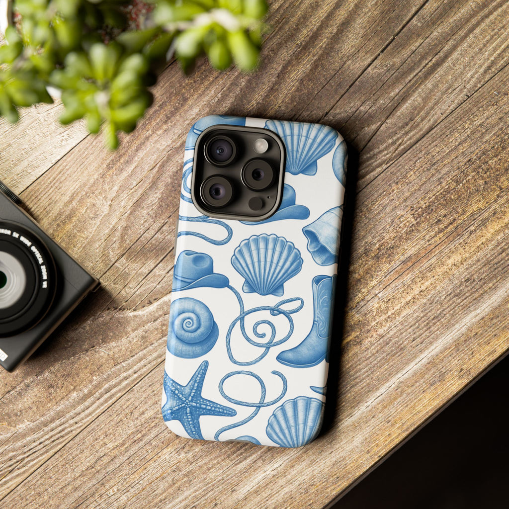 Blue Coastal Cowgirl Phone Case – Seashells, Boots & Beach Vibes