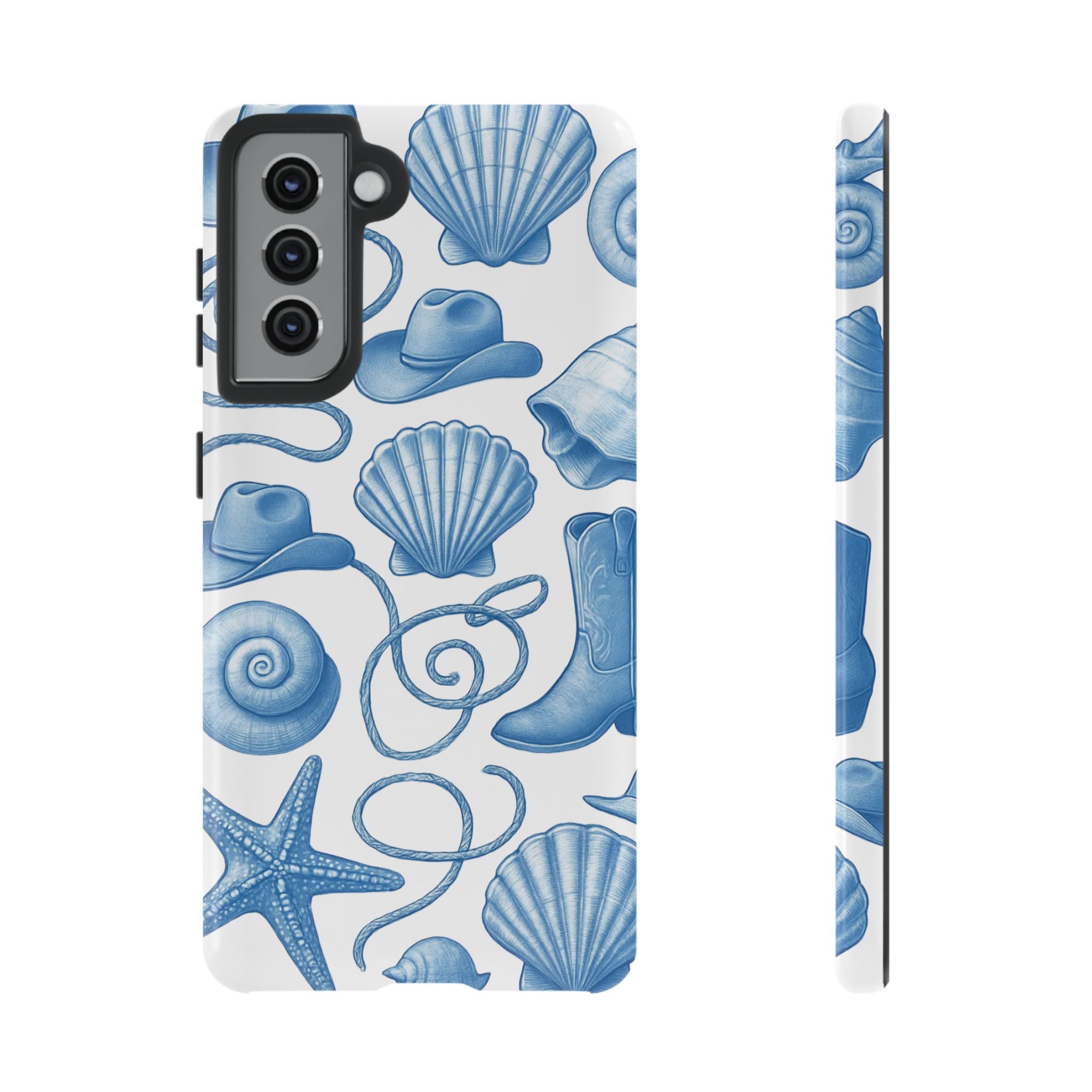 Blue Coastal Cowgirl Phone Case – Seashells, Boots & Beach Vibes