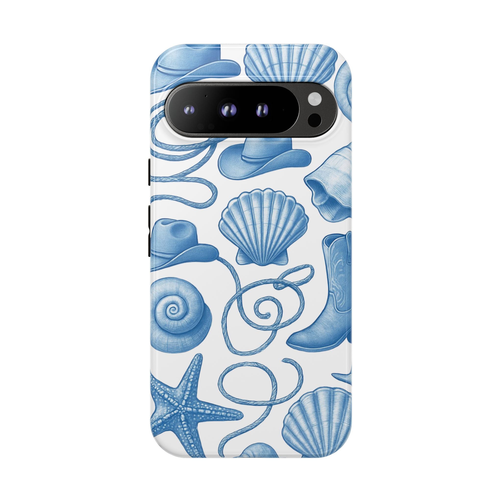 Blue Coastal Cowgirl Phone Case – Seashells, Boots & Beach Vibes