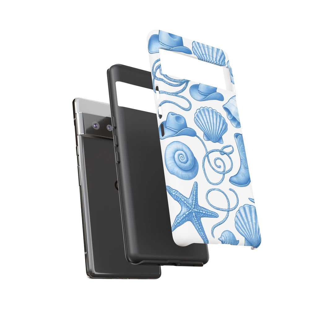 Blue Coastal Cowgirl Phone Case – Seashells, Boots & Beach Vibes