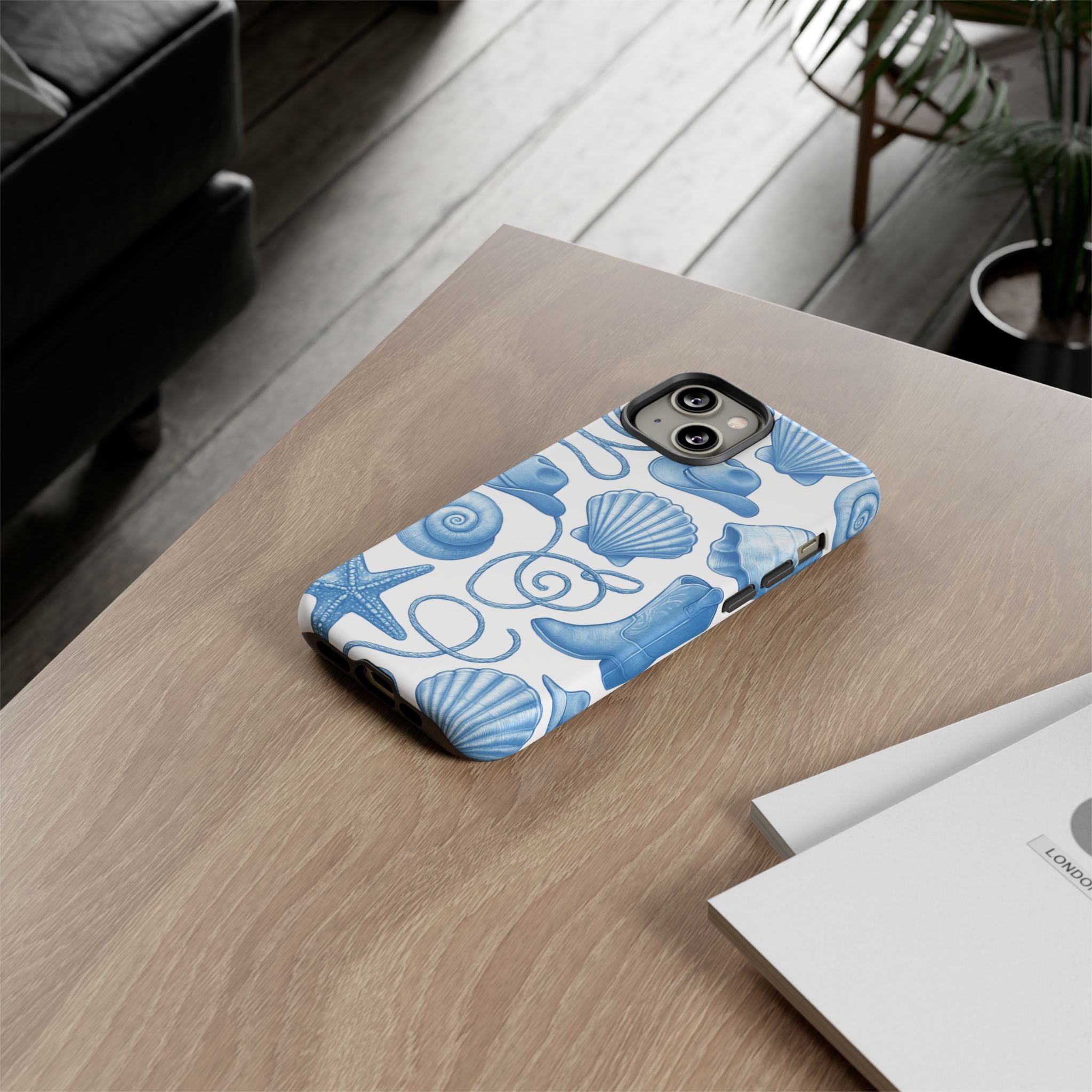 Blue Coastal Cowgirl Phone Case – Seashells, Boots & Beach Vibes