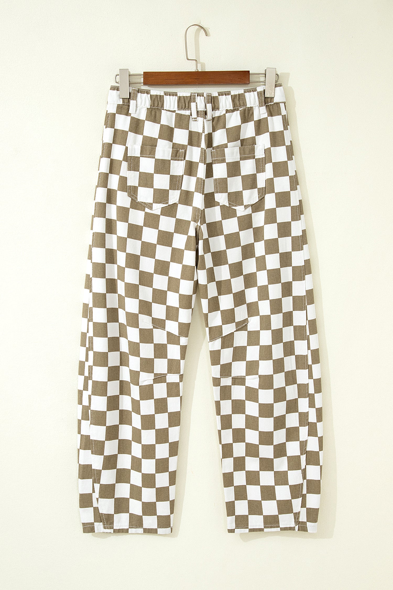 White Checkered Print Denim Barrel Pants