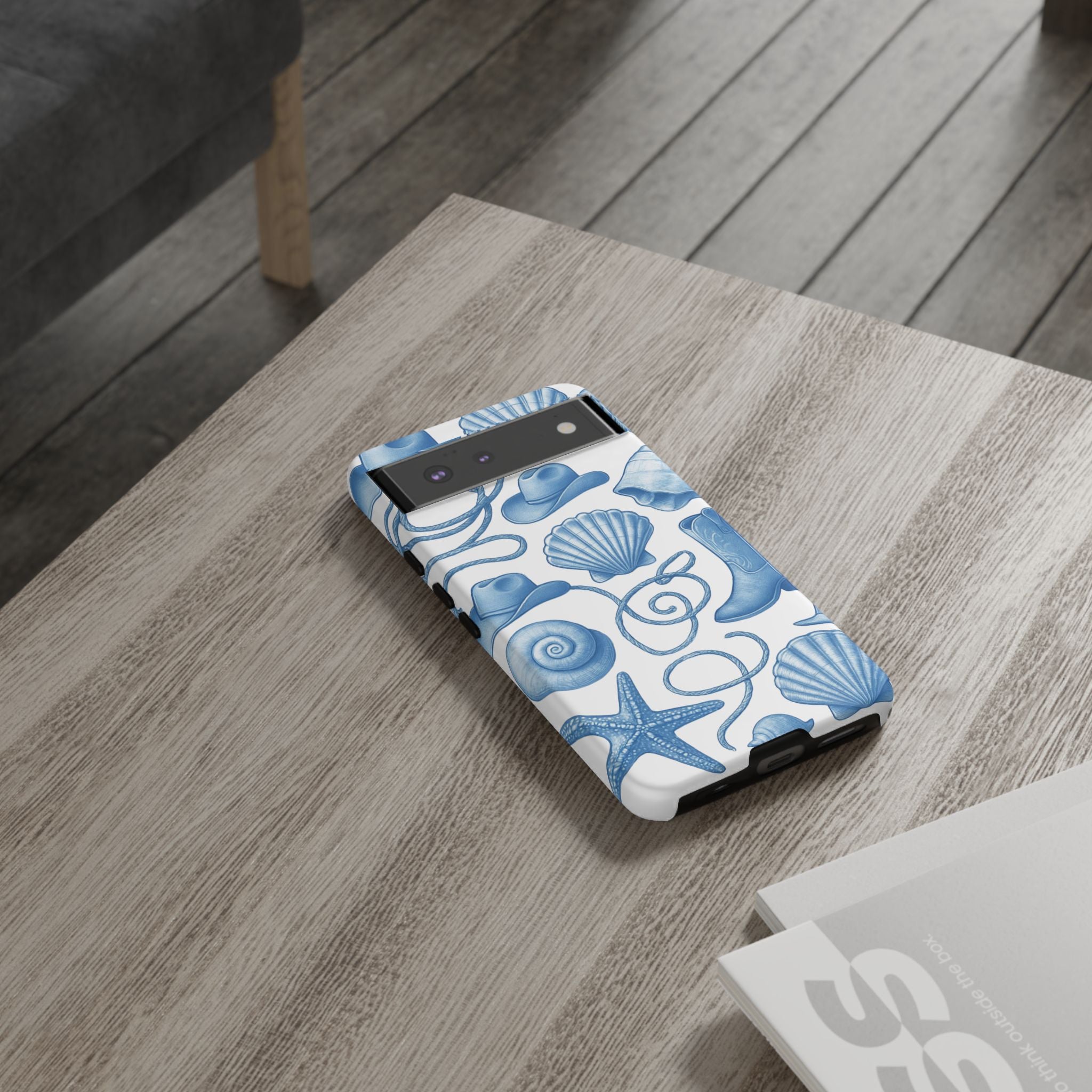 Blue Coastal Cowgirl Phone Case – Seashells, Boots & Beach Vibes