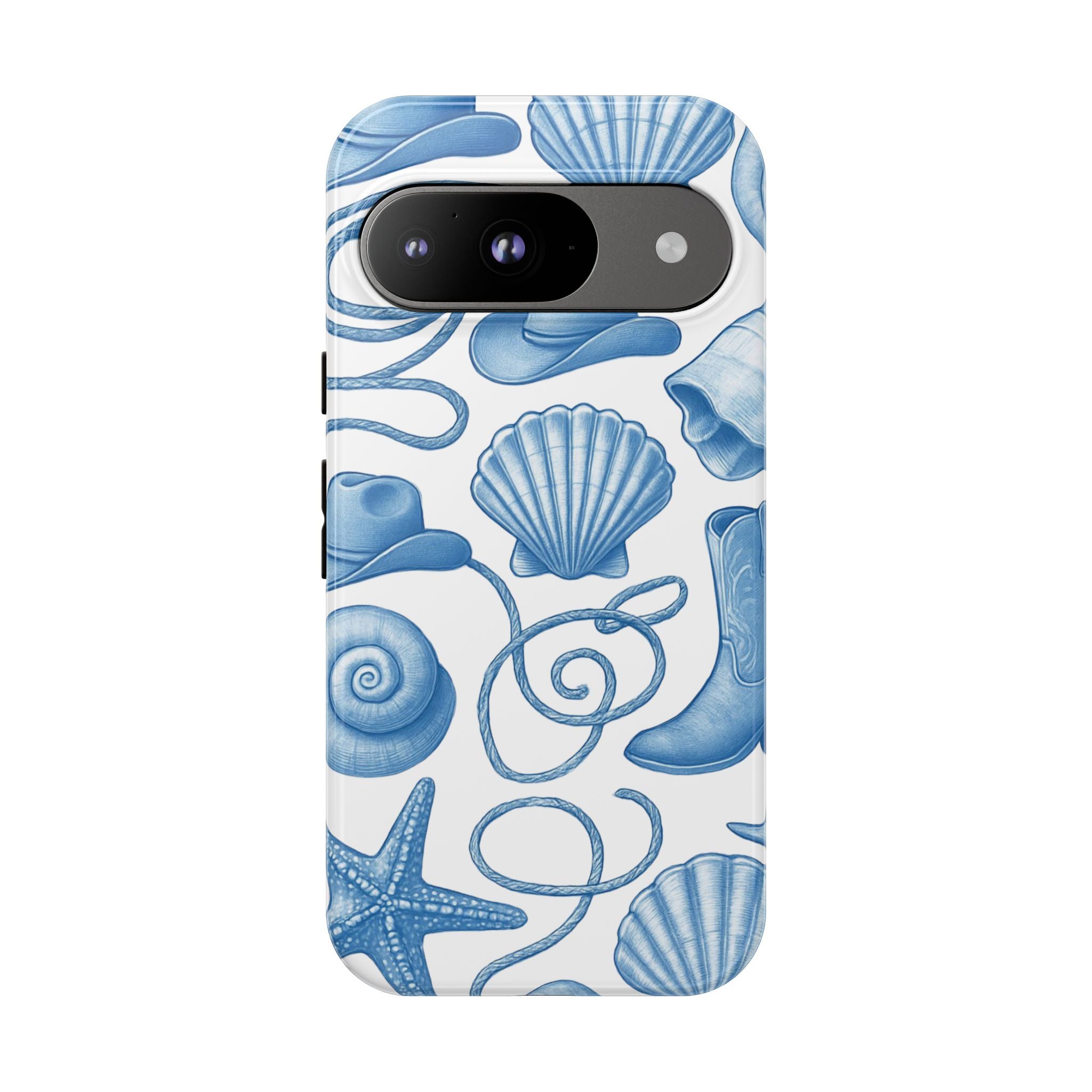 Blue Coastal Cowgirl Phone Case – Seashells, Boots & Beach Vibes