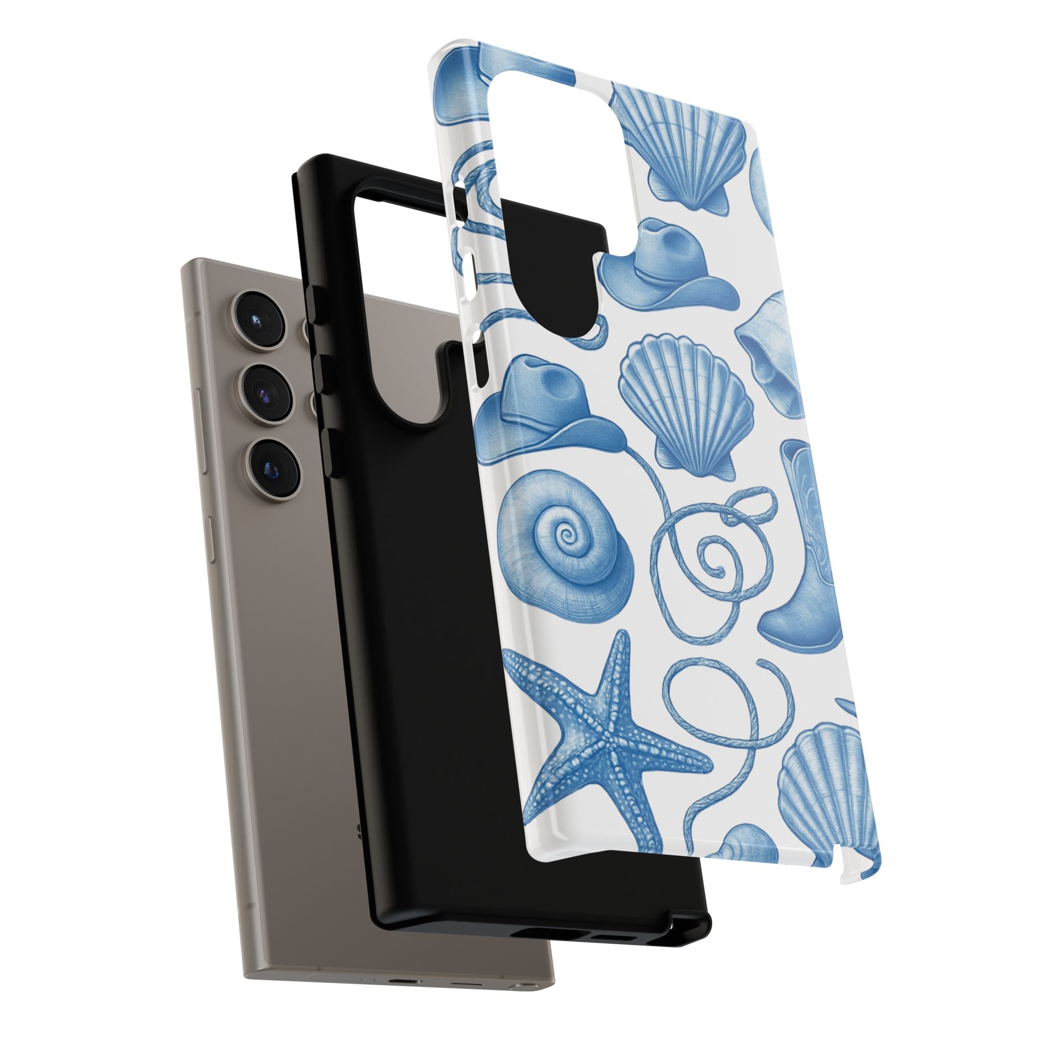 Blue Coastal Cowgirl Phone Case – Seashells, Boots & Beach Vibes