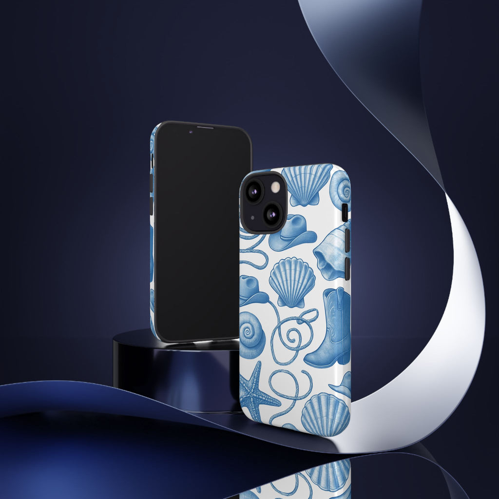 Blue Coastal Cowgirl Phone Case – Seashells, Boots & Beach Vibes