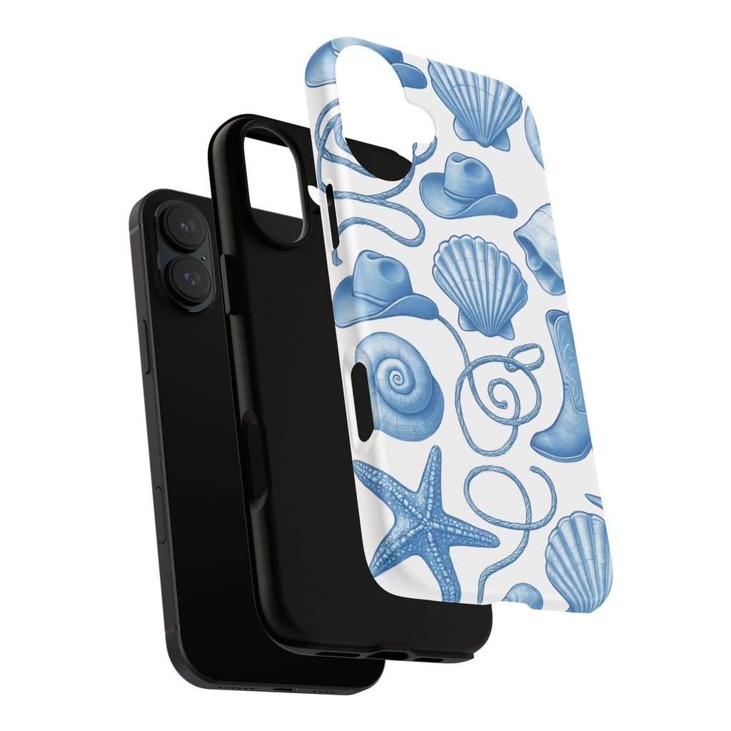 Blue Coastal Cowgirl Phone Case – Seashells, Boots & Beach Vibes