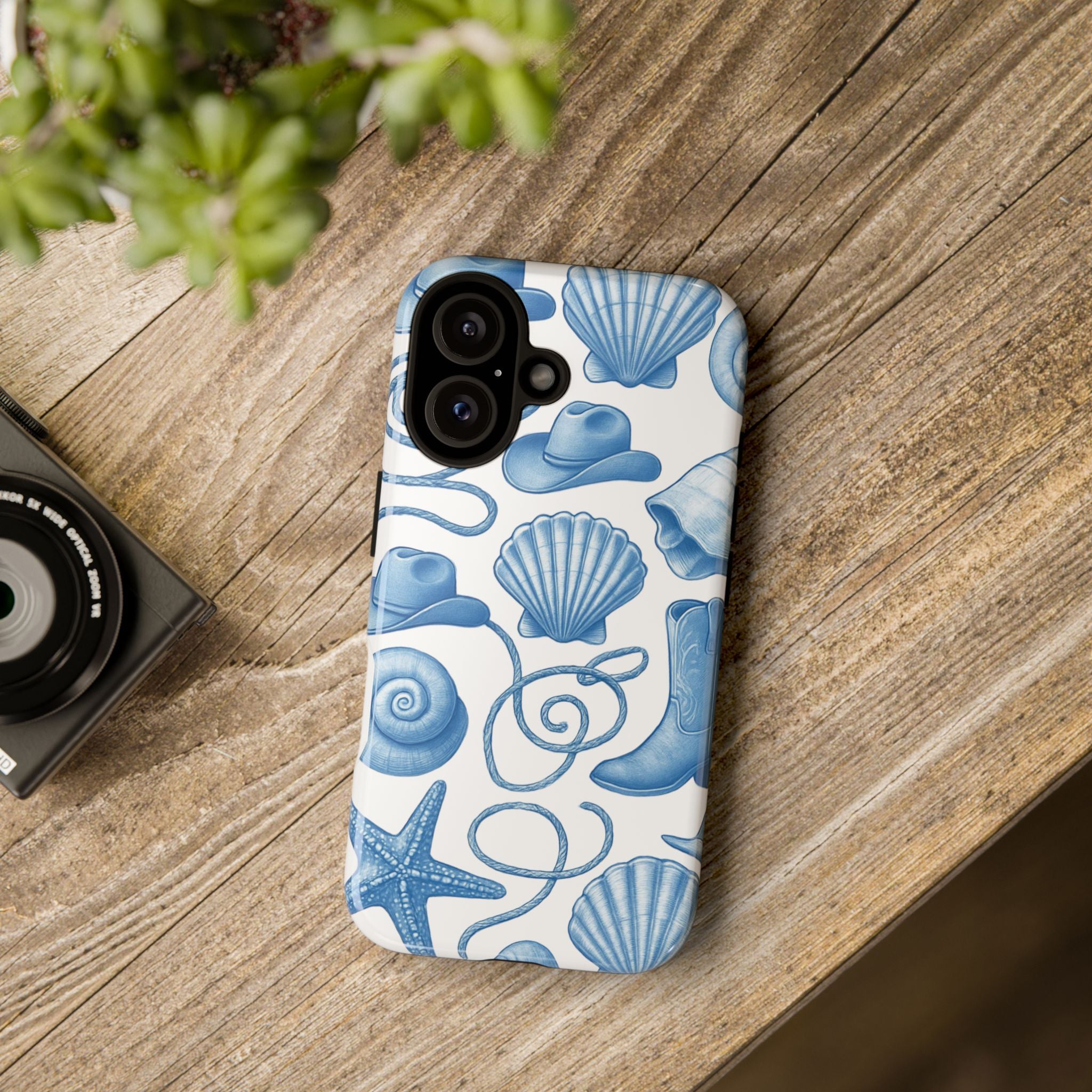 Blue Coastal Cowgirl Phone Case – Seashells, Boots & Beach Vibes