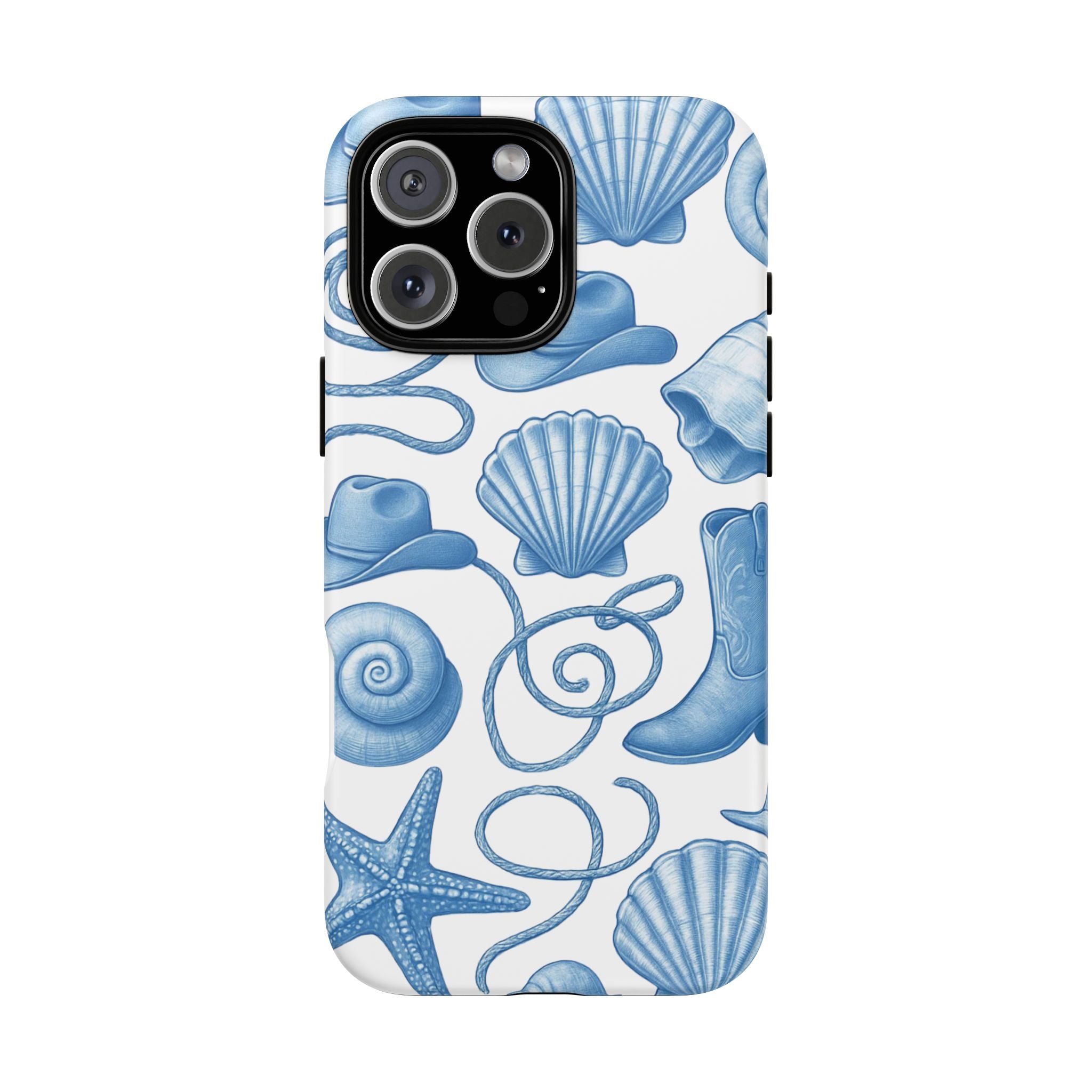 Blue Coastal Cowgirl Phone Case – Seashells, Boots & Beach Vibes