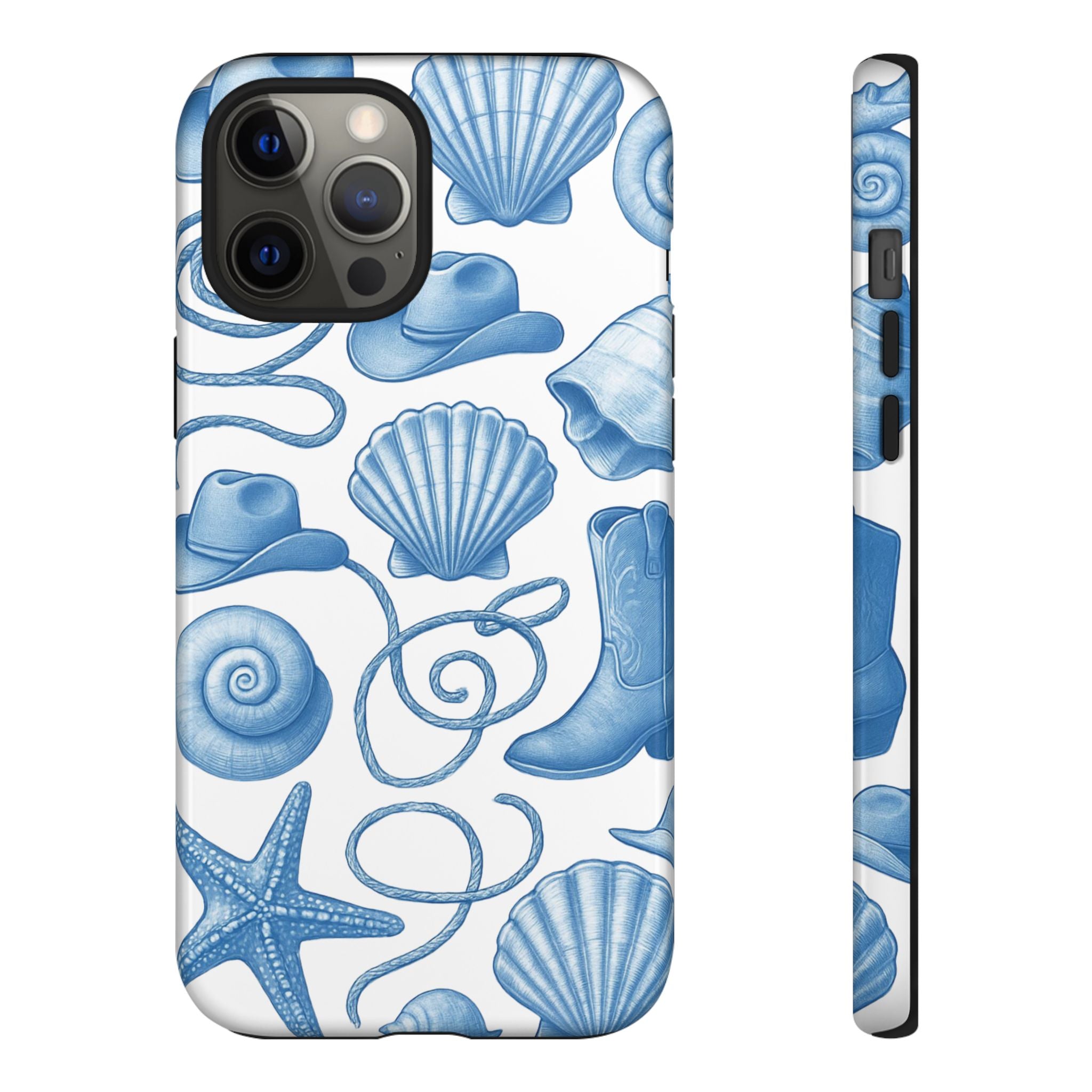 Blue Coastal Cowgirl Phone Case – Seashells, Boots & Beach Vibes