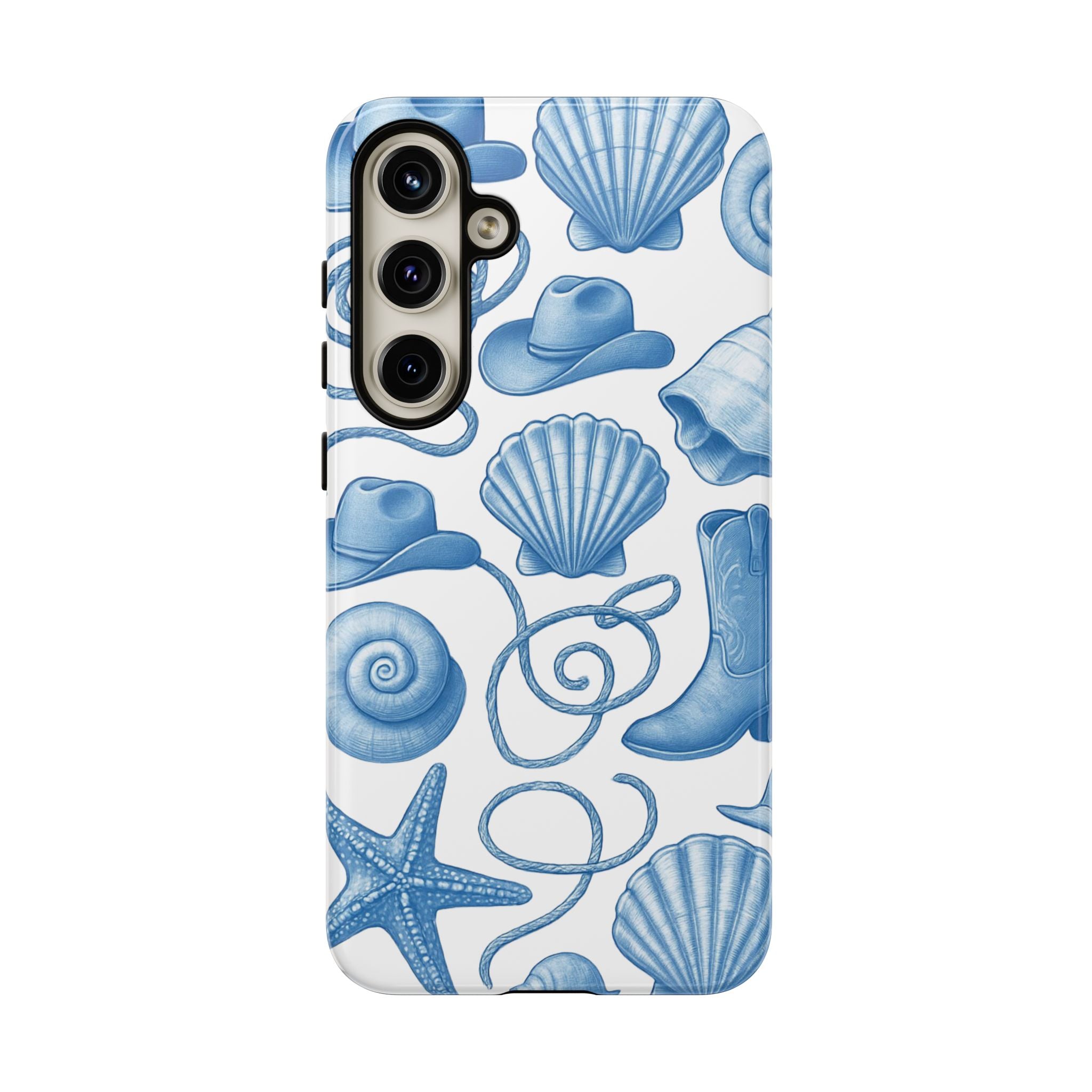 Blue Coastal Cowgirl Phone Case – Seashells, Boots & Beach Vibes