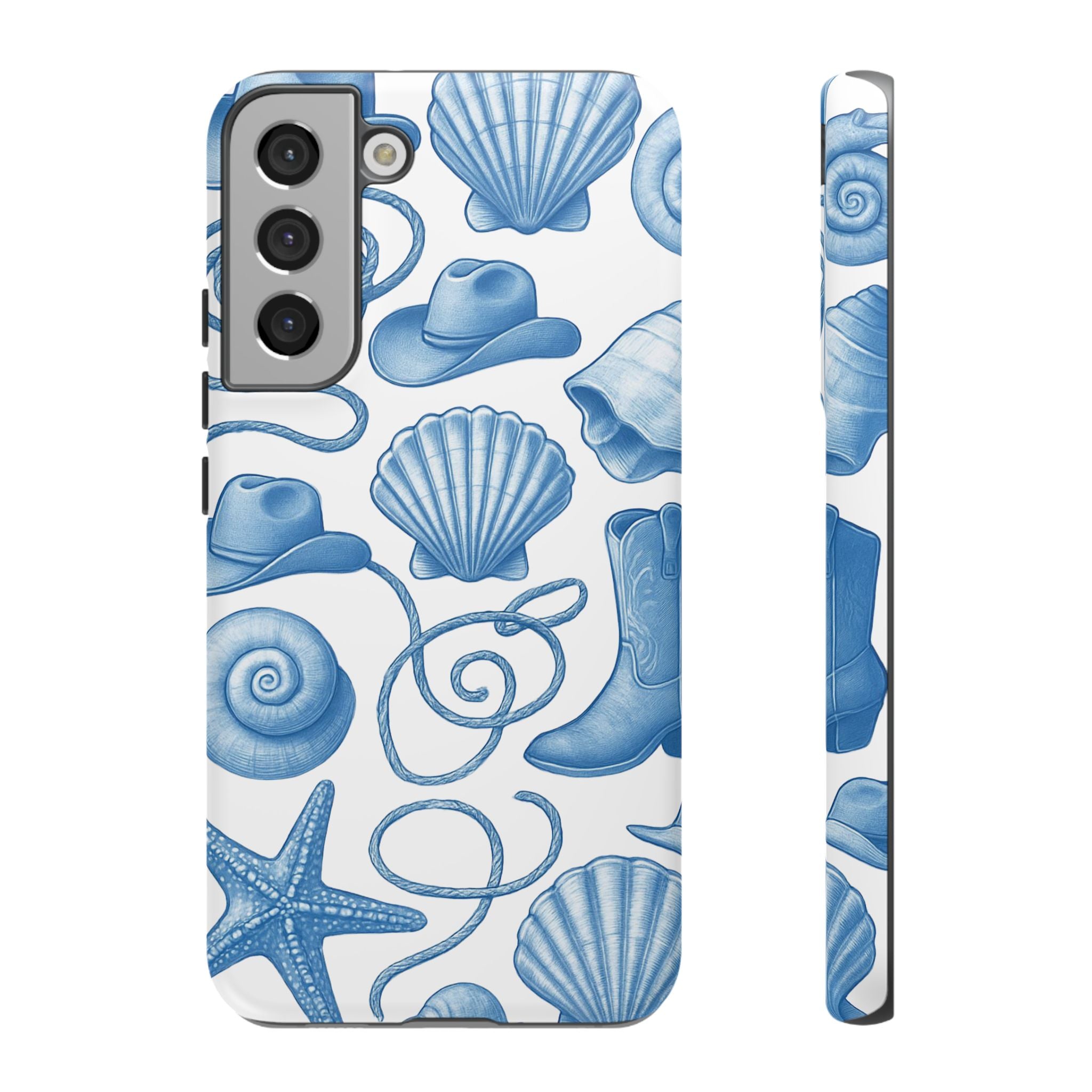 Blue Coastal Cowgirl Phone Case – Seashells, Boots & Beach Vibes
