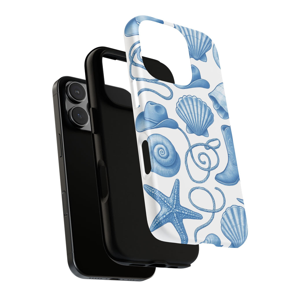 Blue Coastal Cowgirl Phone Case – Seashells, Boots & Beach Vibes