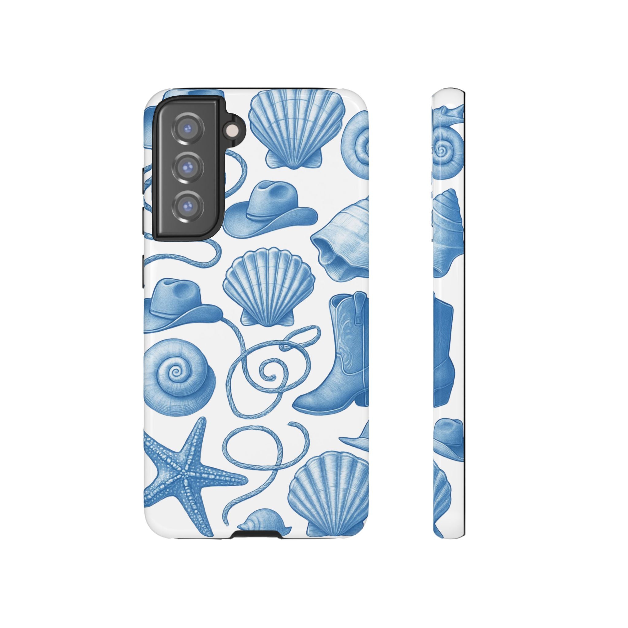 Blue Coastal Cowgirl Phone Case – Seashells, Boots & Beach Vibes