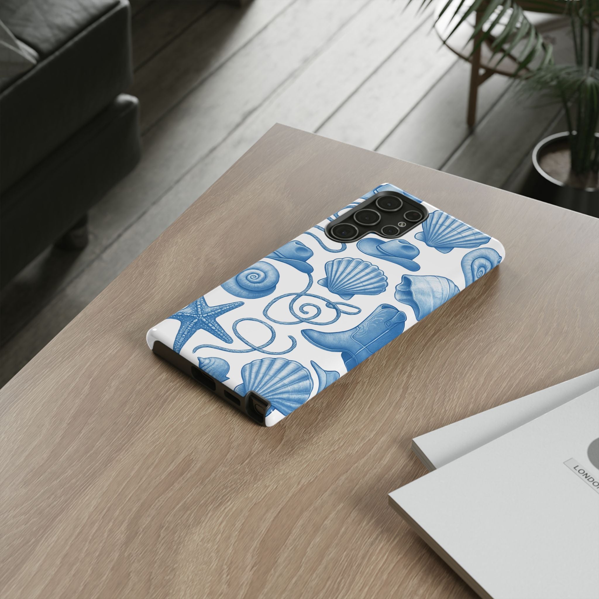 Blue Coastal Cowgirl Phone Case – Seashells, Boots & Beach Vibes