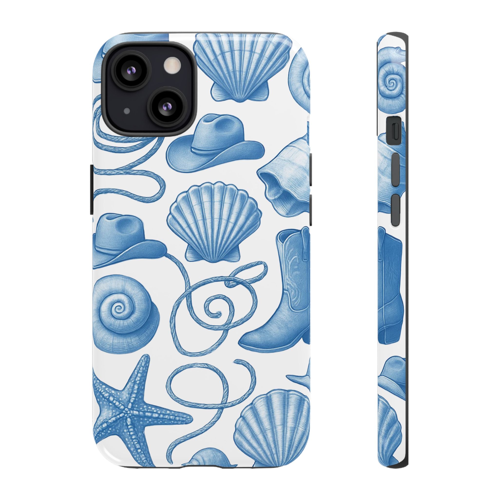 Blue Coastal Cowgirl Phone Case – Seashells, Boots & Beach Vibes