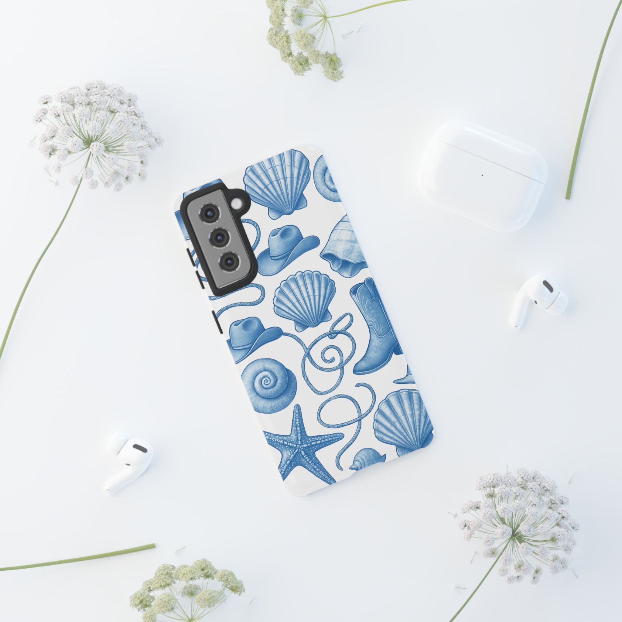 Blue Coastal Cowgirl Phone Case – Seashells, Boots & Beach Vibes