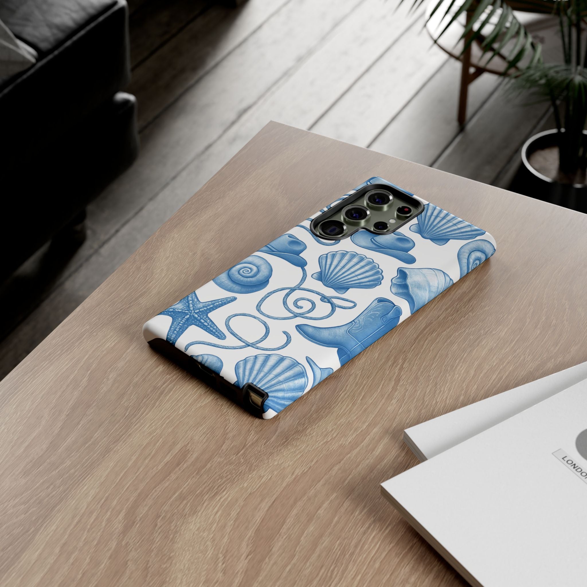 Blue Coastal Cowgirl Phone Case – Seashells, Boots & Beach Vibes