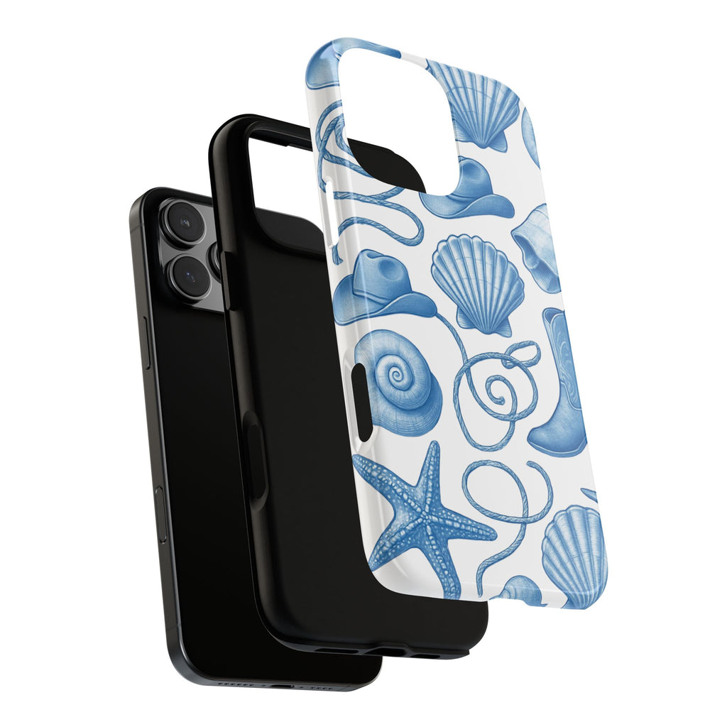 Blue Coastal Cowgirl Phone Case – Seashells, Boots & Beach Vibes